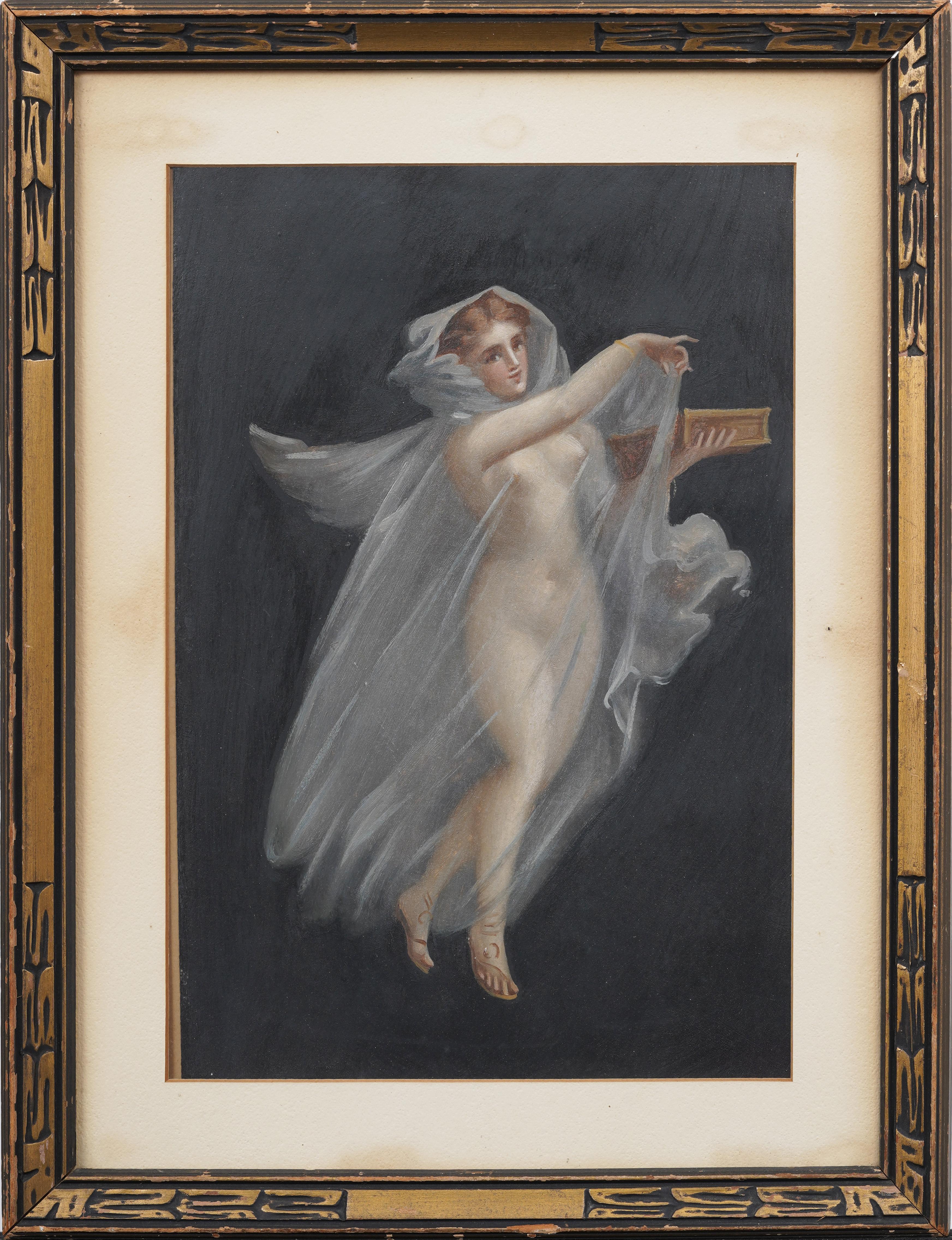 Unknown Figurative Painting - Antique Italian Nude Woman/Naiad Pompeiian Fresco Style Framed Painting