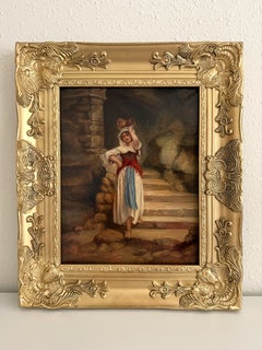 Antique Italian Oil Painting Peasant Woman Portrait 19th C. Signed Genre Art
