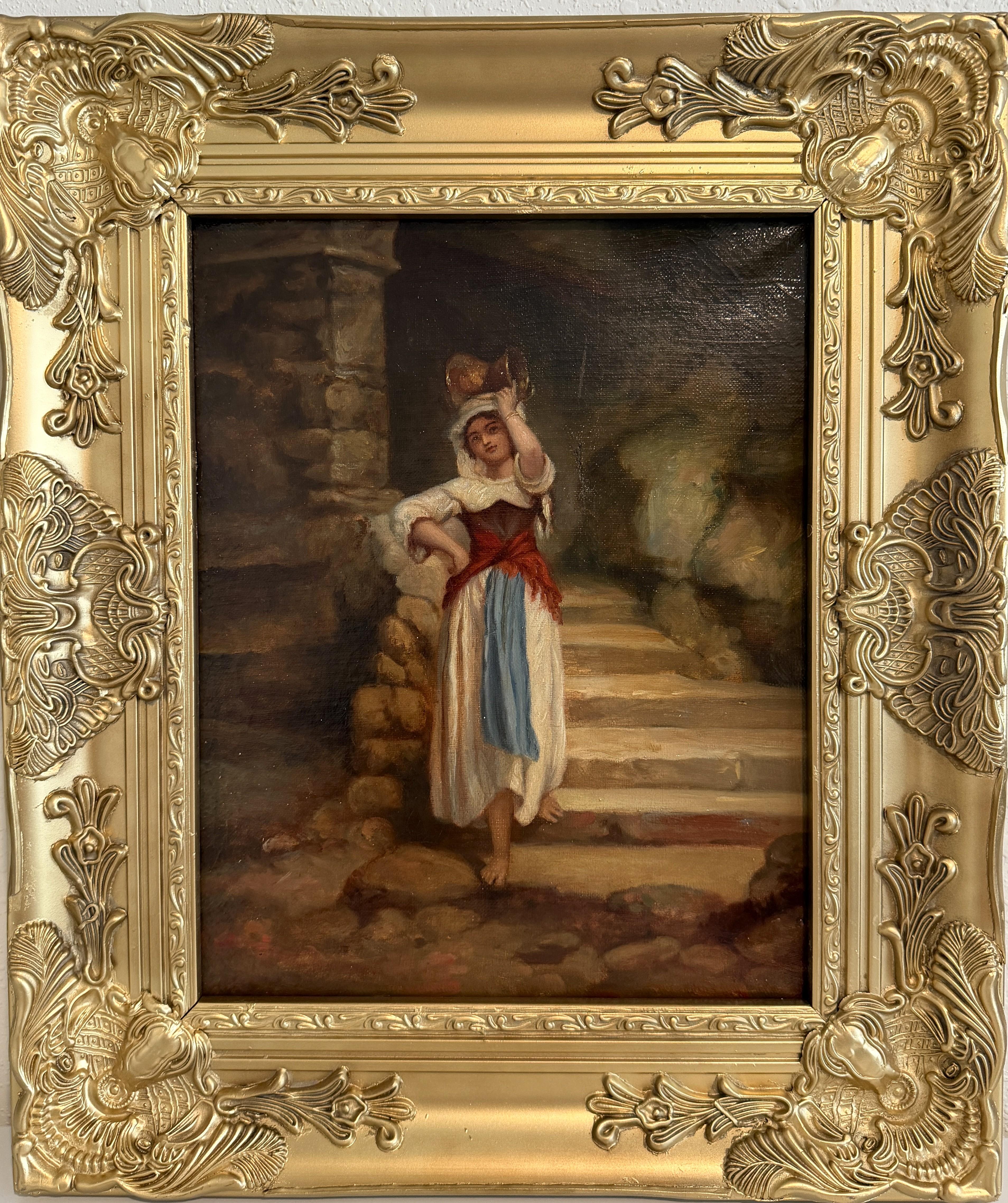 Antikes italienisches Ölgemälde Bäuerin Porträt 19. Jh. Signiert Genre Art