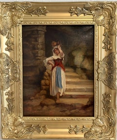 Antique Italian Oil Painting Peasant Woman Portrait 19th C. Signed Genre Art