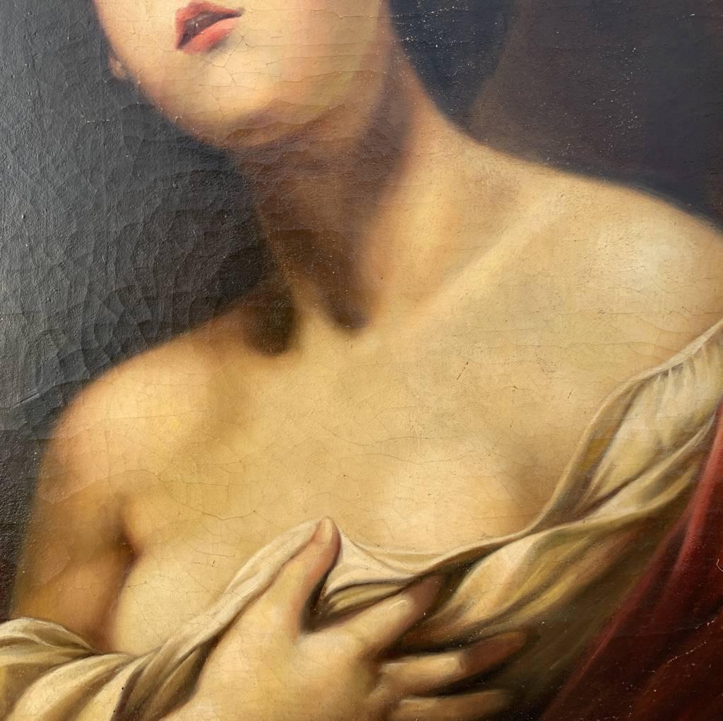 Peintre bolonais (18e-19e siècle) - Maddalena.

70 x 50 cm sans cadre, 89 x 69 cm avec cadre.

Peinture à l'huile ancienne sur toile, dans un cadre en bois sculpté et doré.

État des lieux : Toile originale. Bon état de la surface picturale, il y a