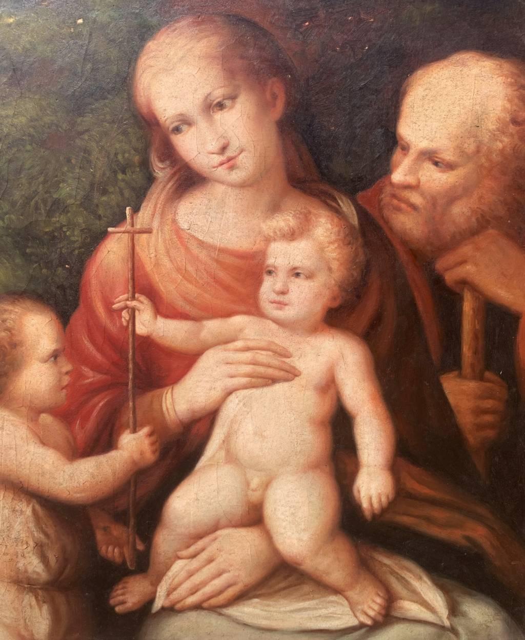 Pittore italiano (XVIII-XIX secolo) - Sacra Famiglia con St. Johns.

65 x 55 cm senza cornice, 86,5 x 76,5 cm con cornice.

Antico dipinto a olio su tela, in una cornice di legno intagliato e dorato.

Rapporto sulle condizioni: Buono stato di