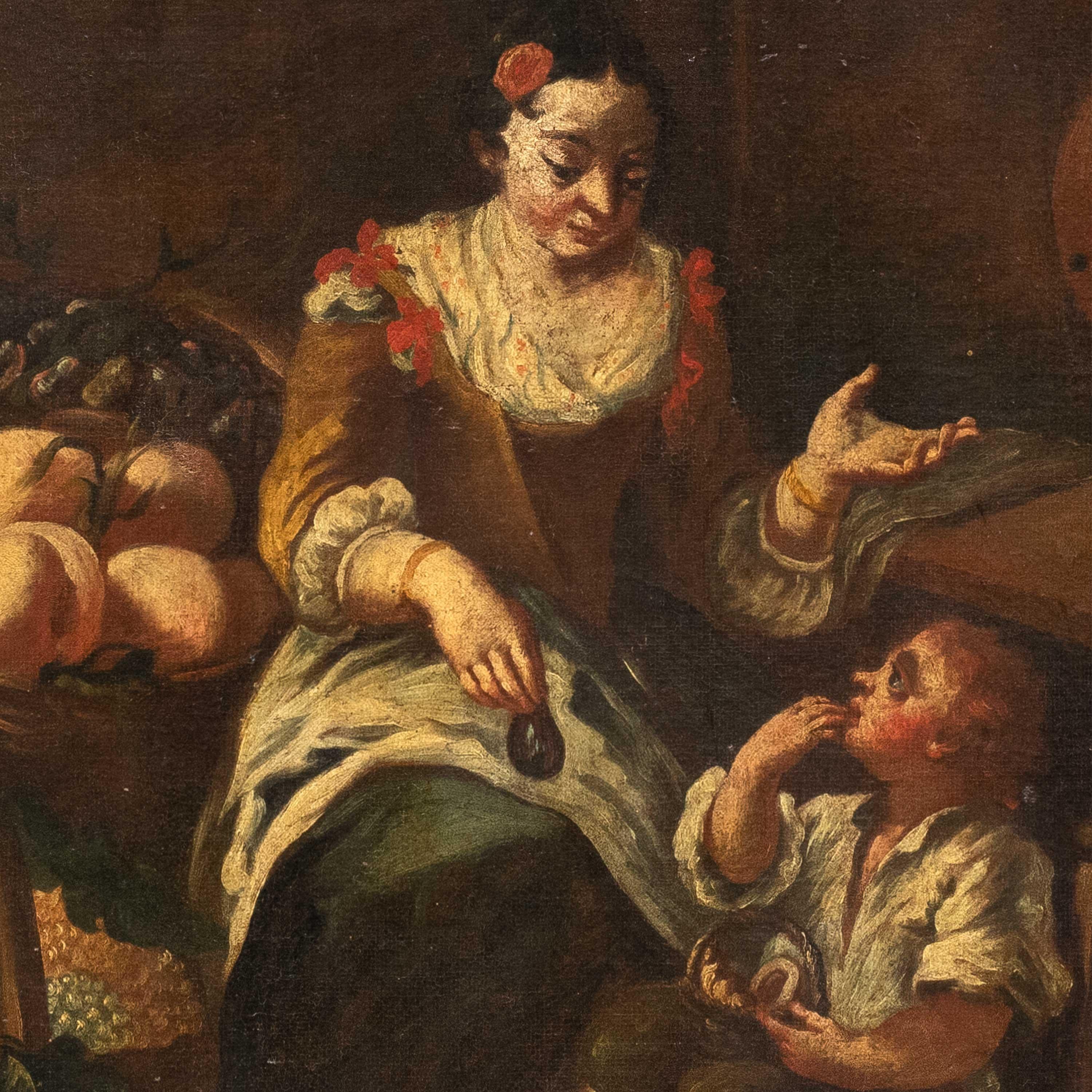 Peintre italien ancien - Peinture de figures du XVIIIe siècle - Le vendeur de fruits - Painting de Unknown