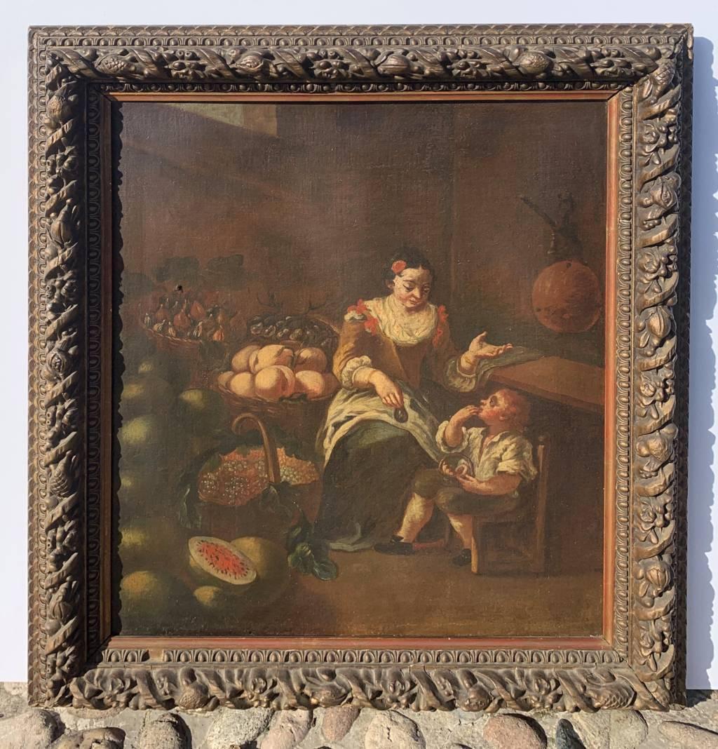 Pintor italiano antiguo - Pintura de figuras del siglo XVIII - El frutero - Painting Rococó de Unknown