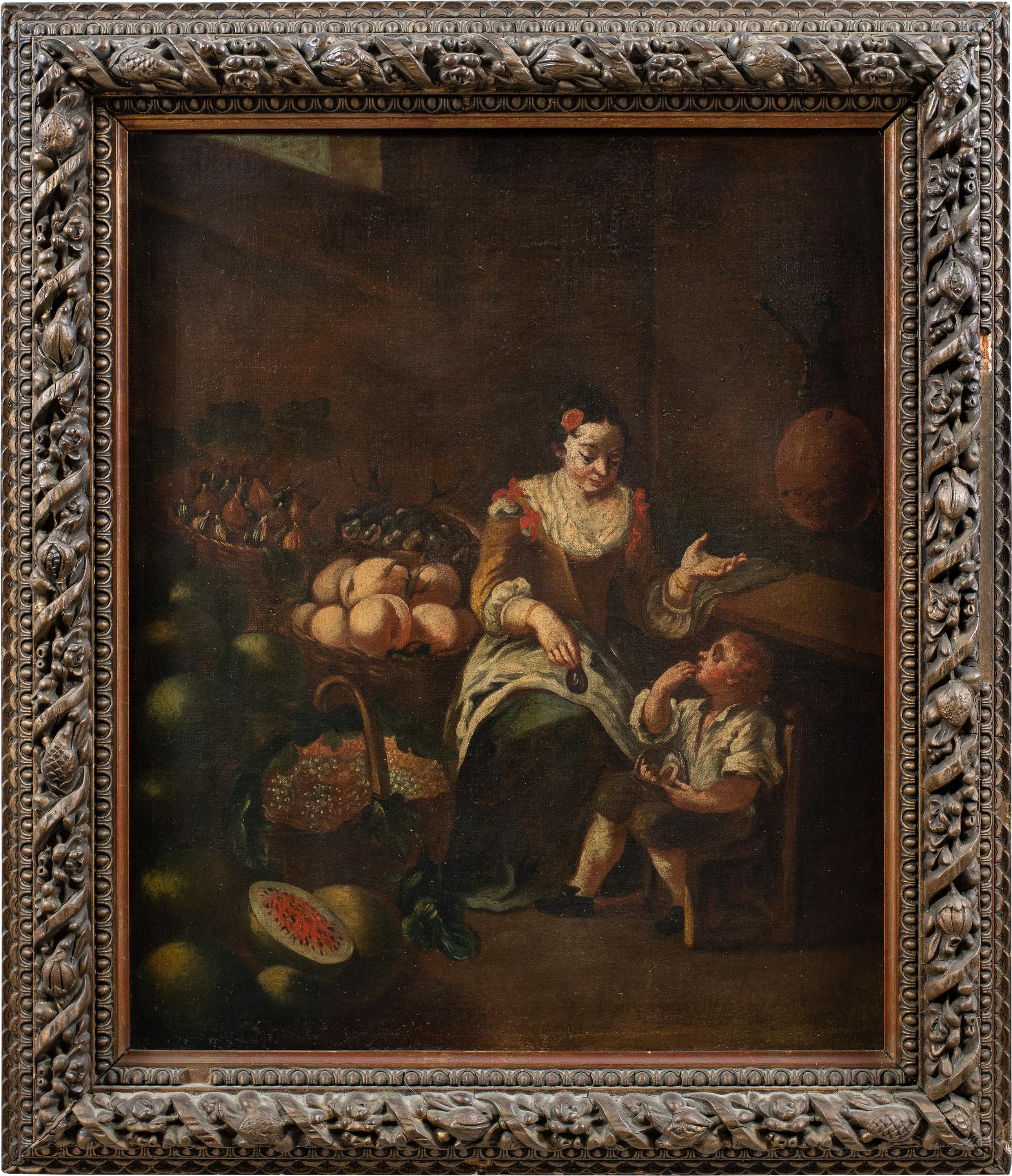 Pittore italiano antico - Quadro di figura del XVIII secolo - Il fruttivendolo