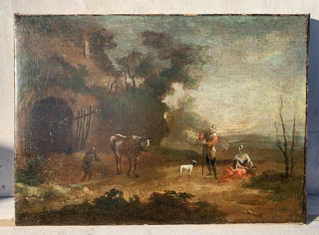Antiker italienischer Maler des 18. Jahrhunderts – Landschaftsmalerei mit Figuren – Öl auf Leinwand – Painting von Unknown