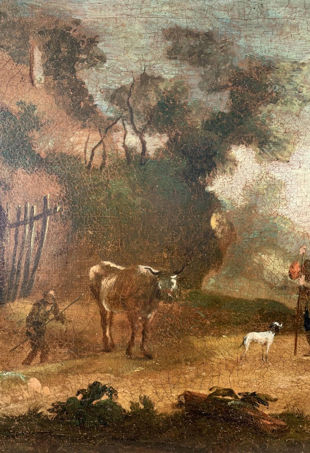 Italian painter (18th century) - Landscape with shepherds at rest.

44 x 61 cm.

Antique oil painting on canvas, without frame.

Condition report: Lined canvas. Good condition of the pictorial surface, there are signs of aging and wear.


- All