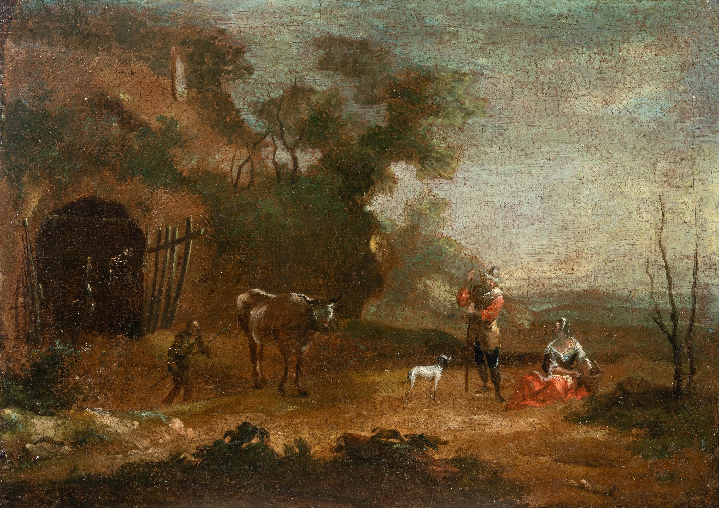 Unknown Landscape Painting – Antiker italienischer Maler des 18. Jahrhunderts – Landschaftsmalerei mit Figuren – Öl auf Leinwand