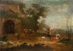Antiquities Italian painter - 18th century landscape painting figures- Oil on canvas