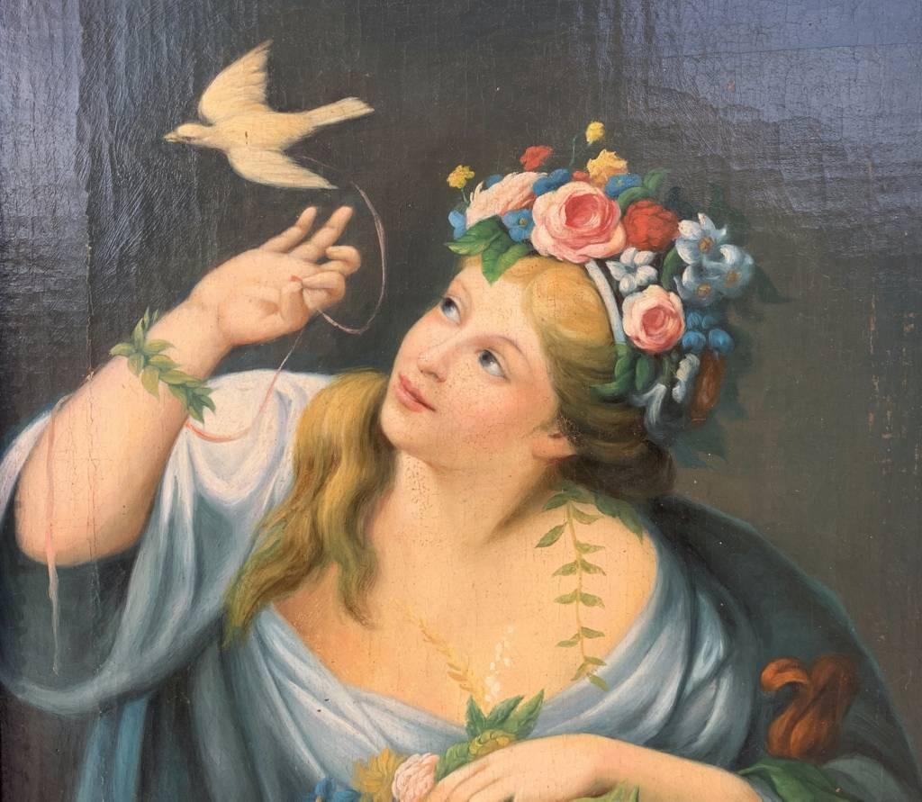 Pittore italiano (XIX secolo) - Flora.

51 x 41 cm senza cornice, 76 x 66 cm con cornice.

Antico dipinto a olio su tela, in una cornice di legno intagliato e dorato.

Conditio sine qua non: Buono stato di conservazione della superficie pittorica,