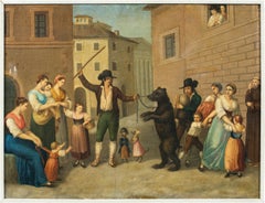 Pittore italiano antico - Quadro di figura del primo Ottocento - L'orso ammaestrato