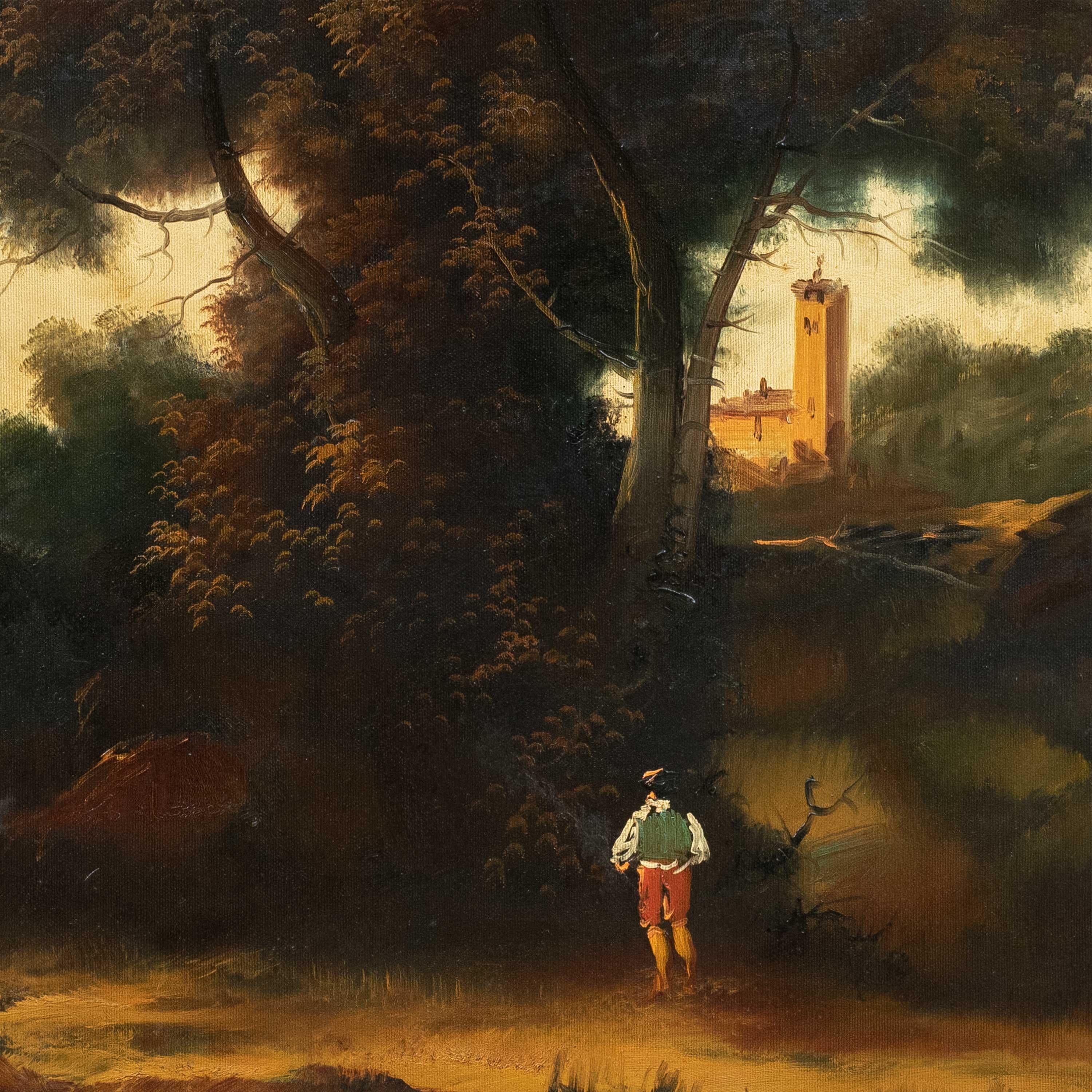Peinture italienne ancienne - fin 19e paysage fluvial avec personnages - Painting de Unknown