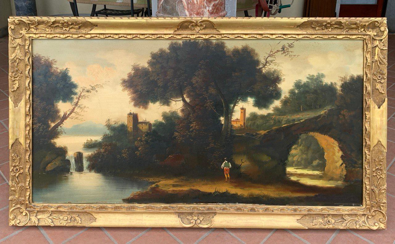 Peinture italienne ancienne - fin 19e paysage fluvial avec personnages - Naturalisme Painting par Unknown