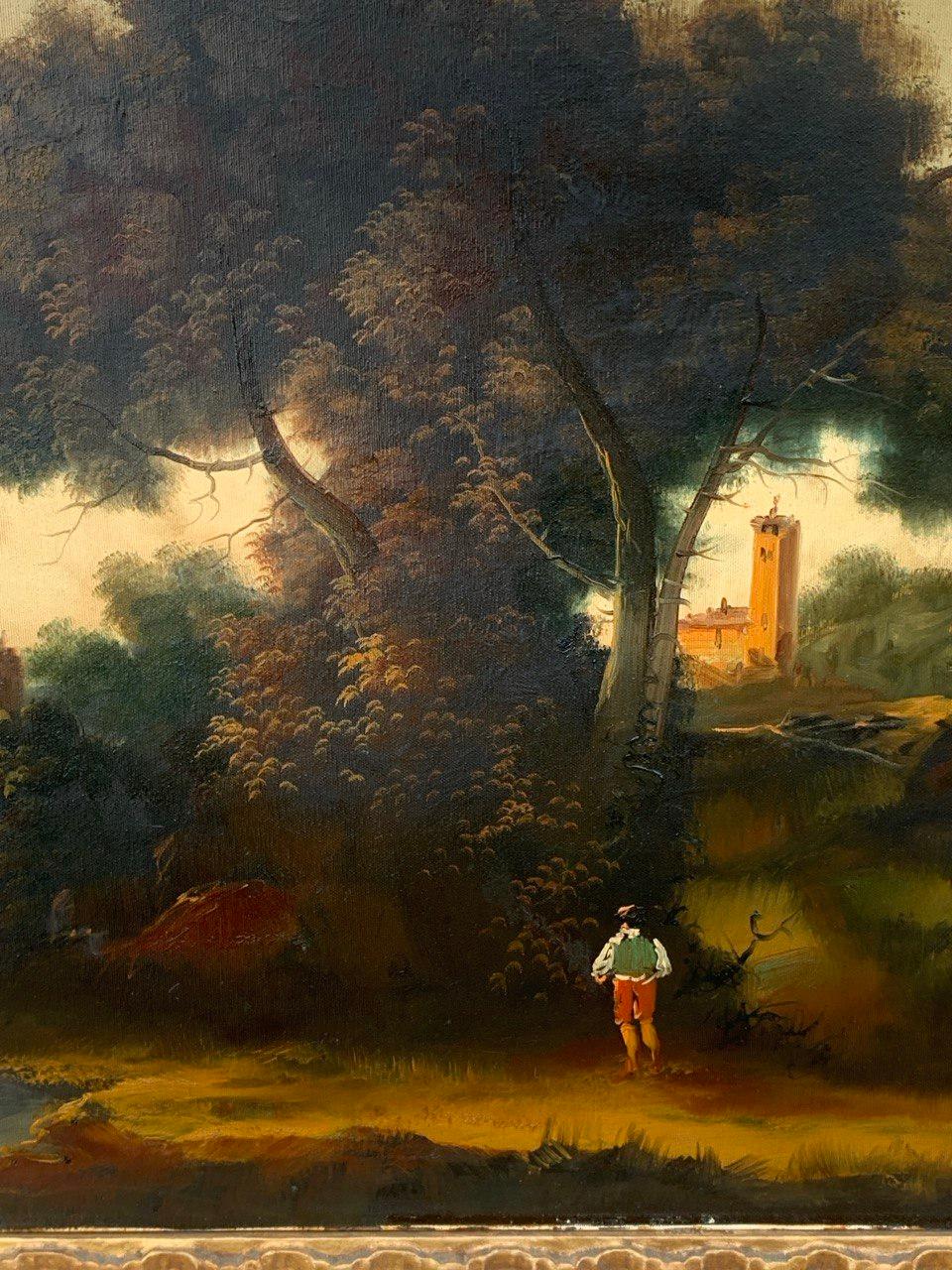 Peinture italienne ancienne - fin 19e paysage fluvial avec personnages - Marron Landscape Painting par Unknown