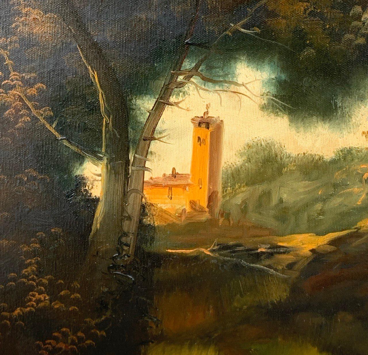 Peintre italien (19e-20e siècle) - Paysage fluvial avec forêt et Townes.

60,5 x 120 cm sans cadre, 76 x 135,5 cm avec cadre.

Peinture à l'huile ancienne sur toile, dans un cadre en bois sculpté et doré (non signé).

État de conservation : Bon état