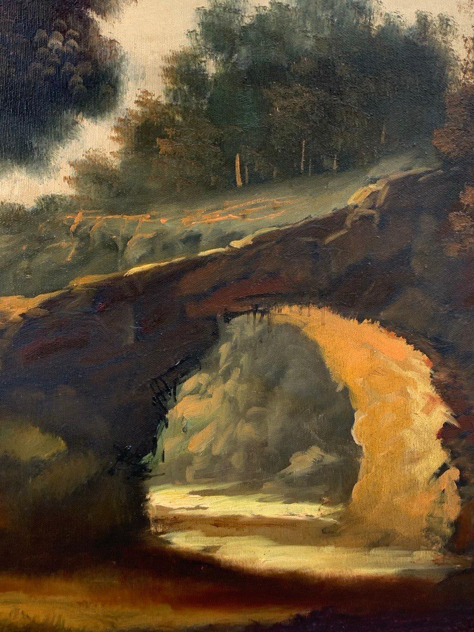 Peinture italienne ancienne - fin 19e paysage fluvial avec personnages en vente 1