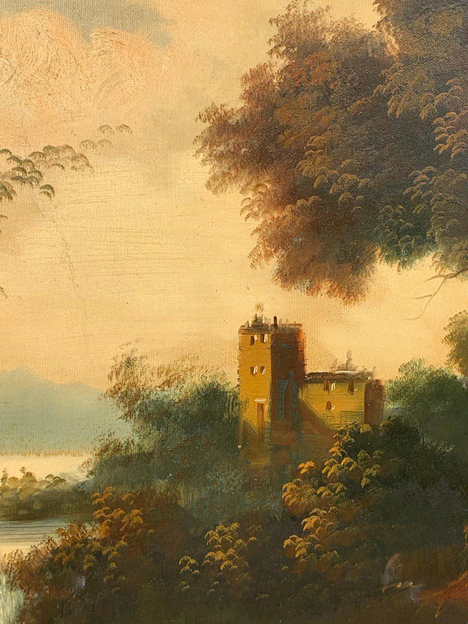 Peinture italienne ancienne - fin 19e paysage fluvial avec personnages en vente 3