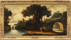 Antique Italian painting - late 19th river landscape with figures painting