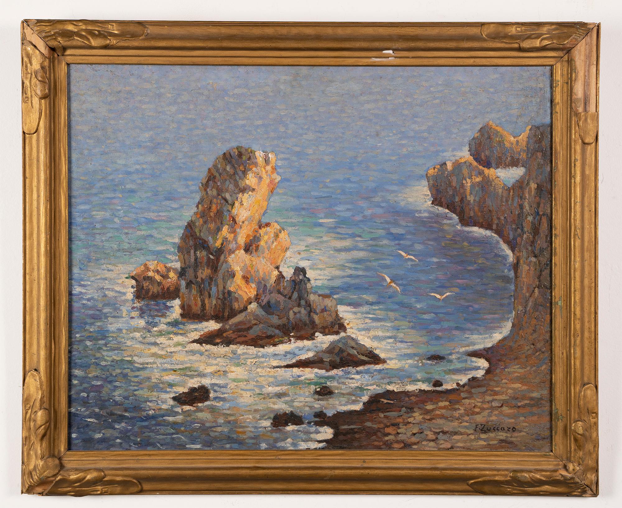 Antique Italian Pointillist Coastal Seascape Signed Panoramic Beach Oil Painting - Gray Landscape Painting by Unknown