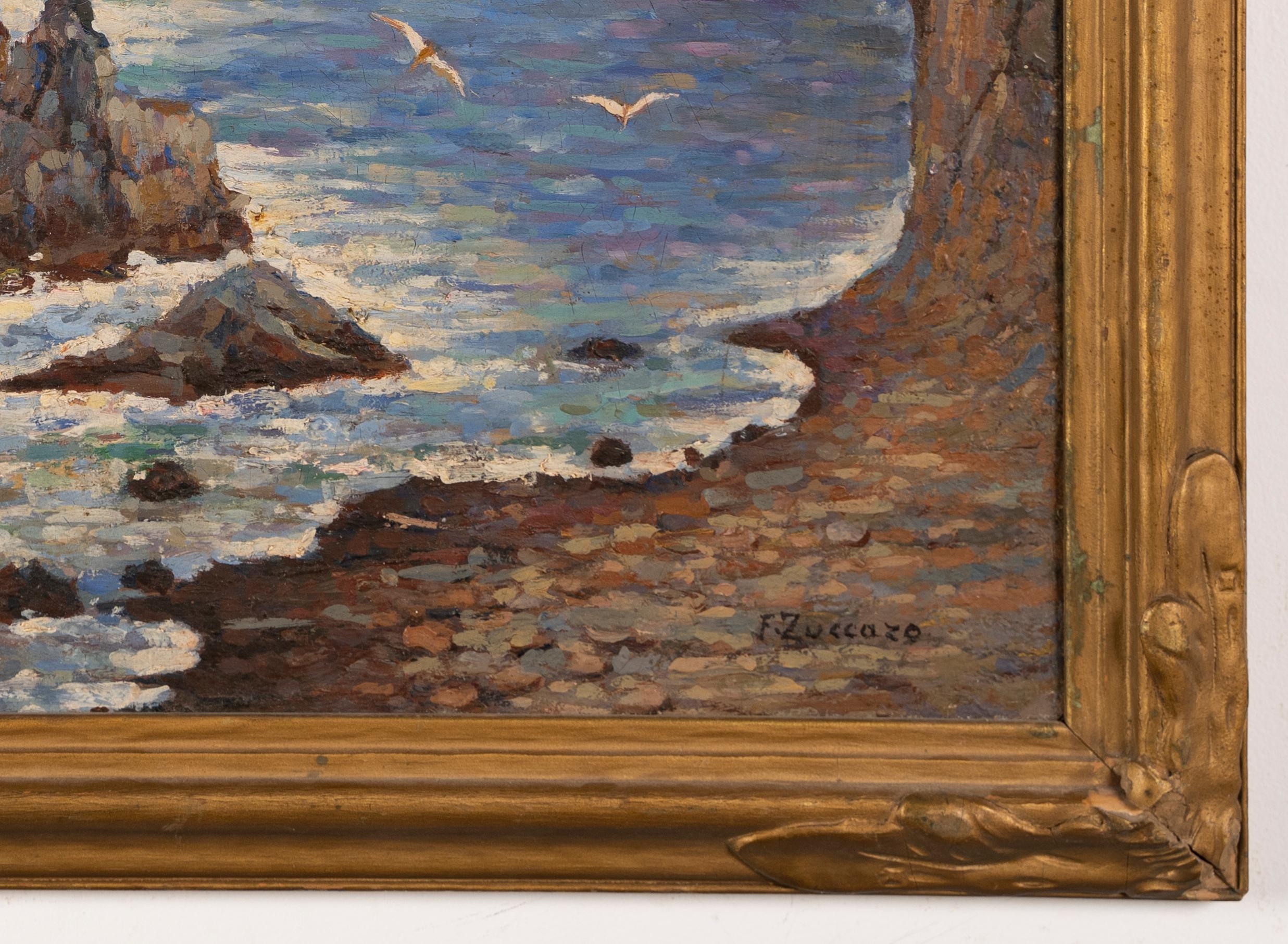 Antique Italian Pointillist Coastal Seascape Signed Panoramic Beach Oil Painting 1