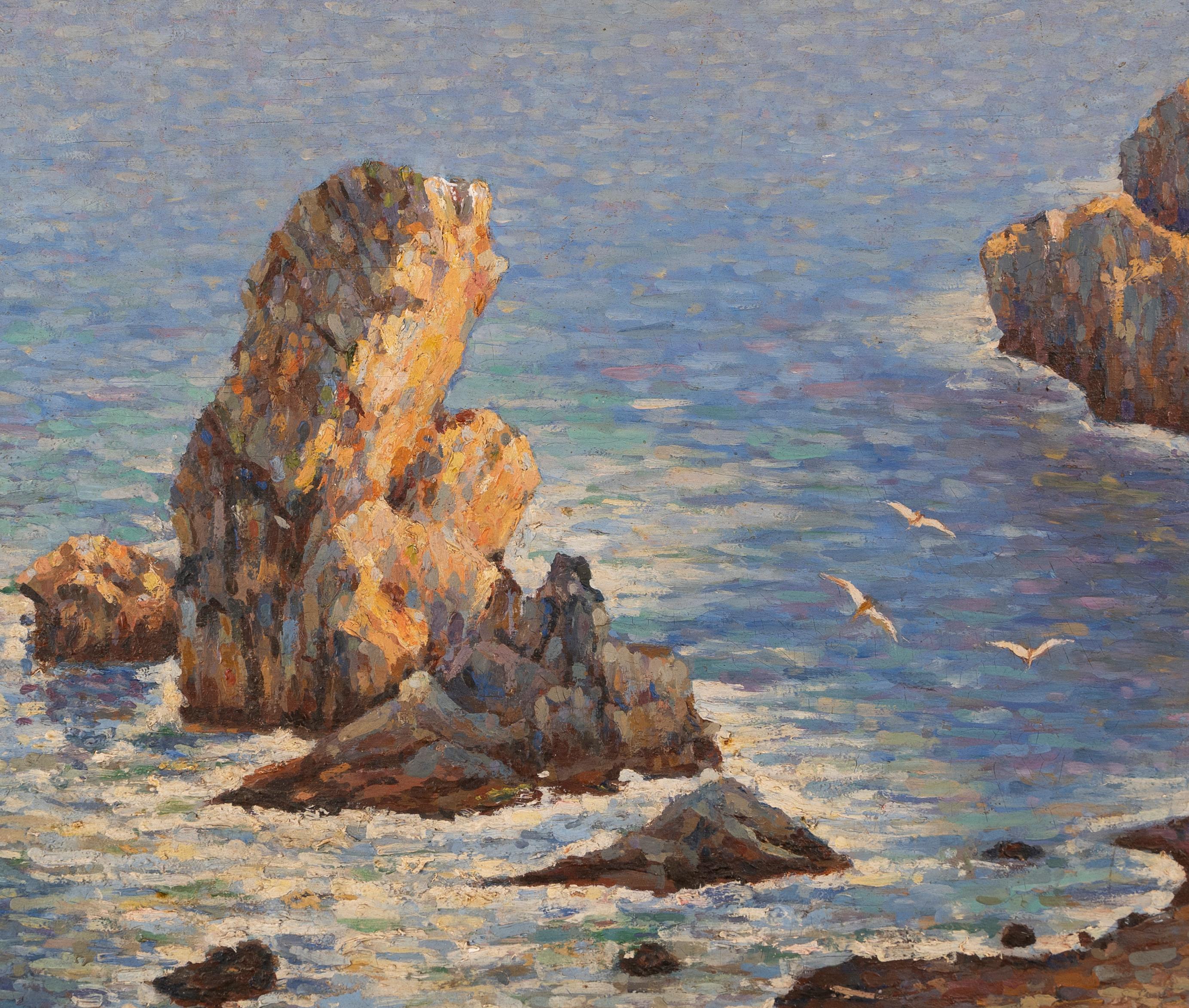 Antique Italian Pointillist Coastal Seascape Signed Panoramic Beach Oil Painting 2