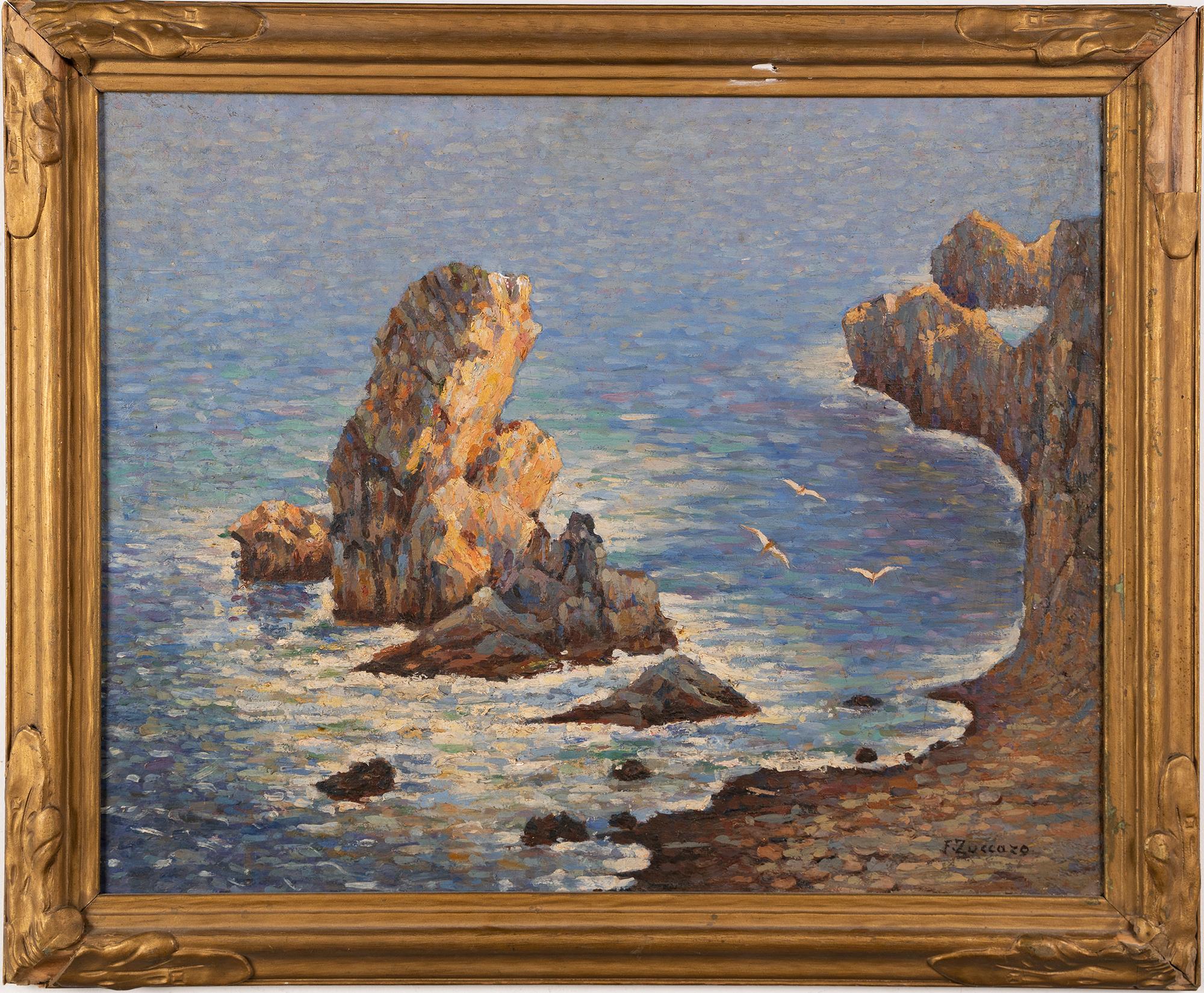 Unknown Landscape Painting - Antique Italian Pointillist Coastal Seascape Signed Panoramic Beach Oil Painting