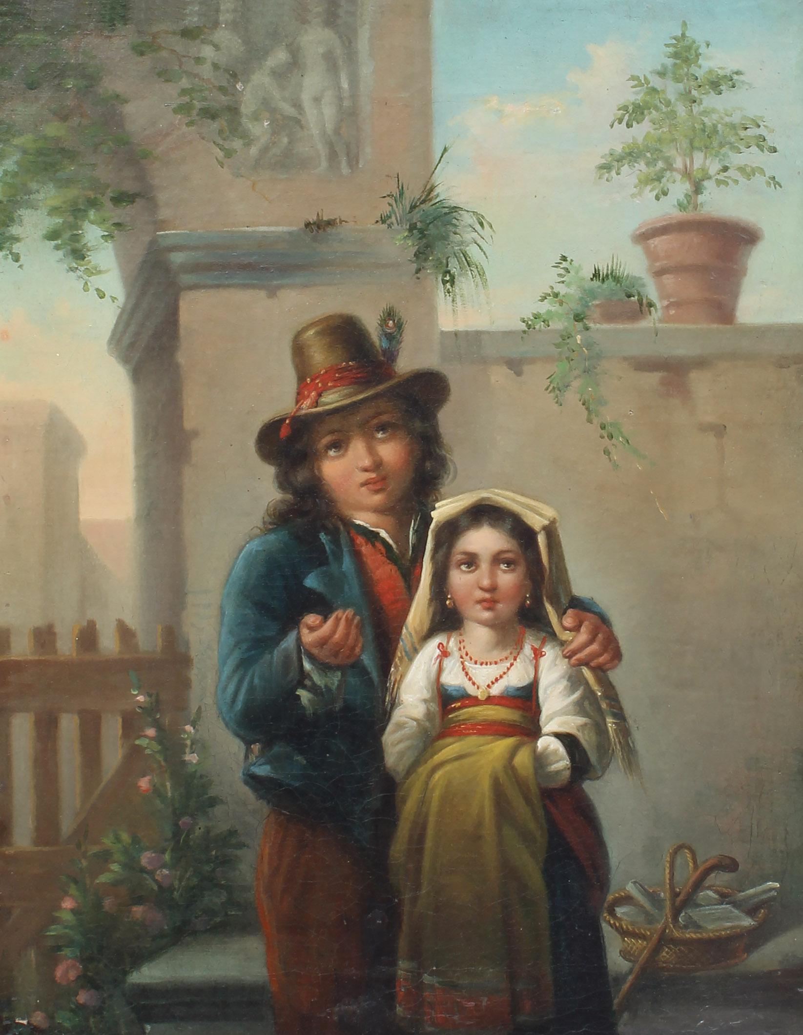 Ancienne peinture à l'huile italienne réaliste, portrait à l'huile de deux enfants dans un paysage - Painting de Unknown