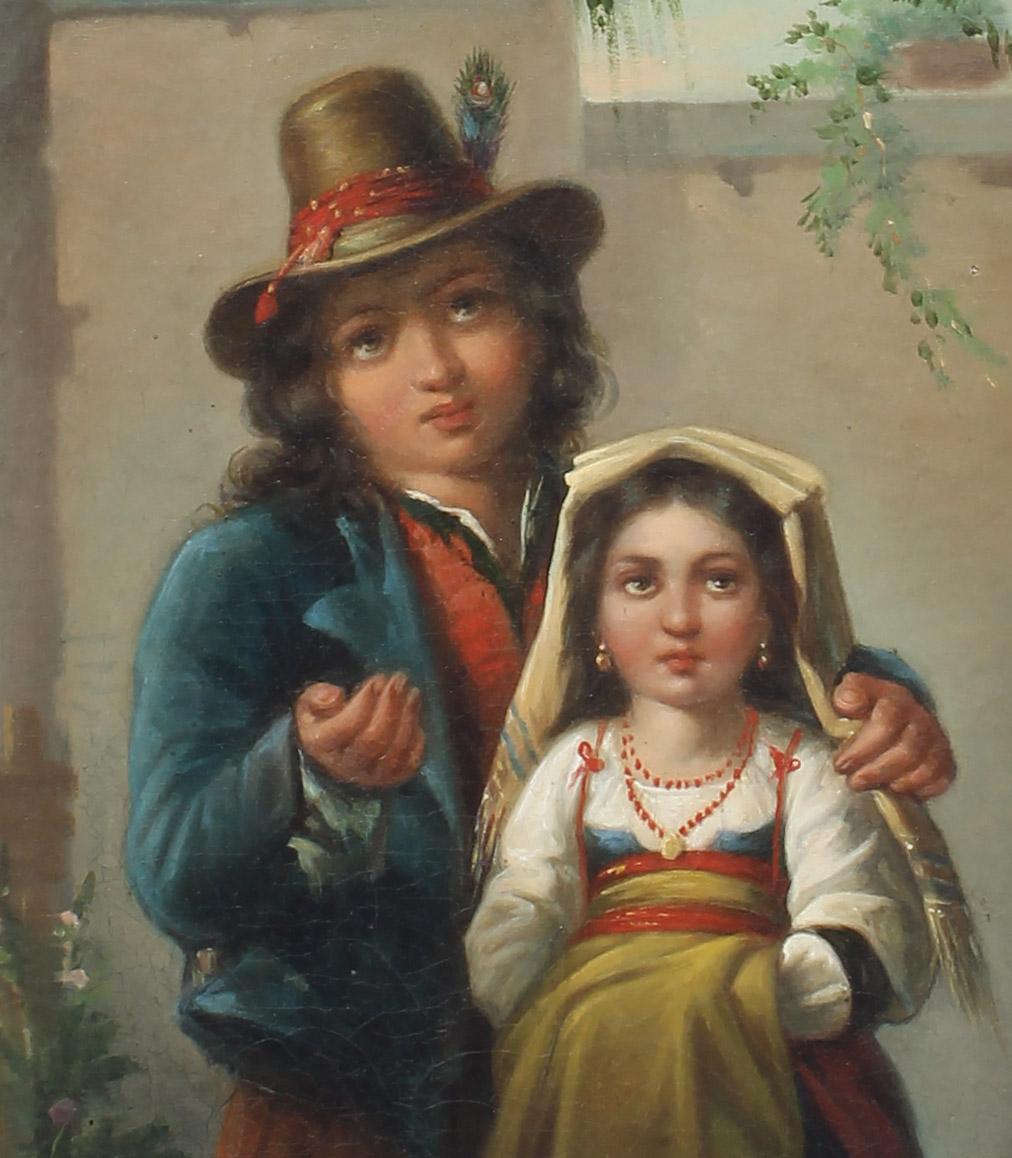 Ancienne peinture à l'huile italienne réaliste, portrait à l'huile de deux enfants dans un paysage - Réalisme Painting par Unknown