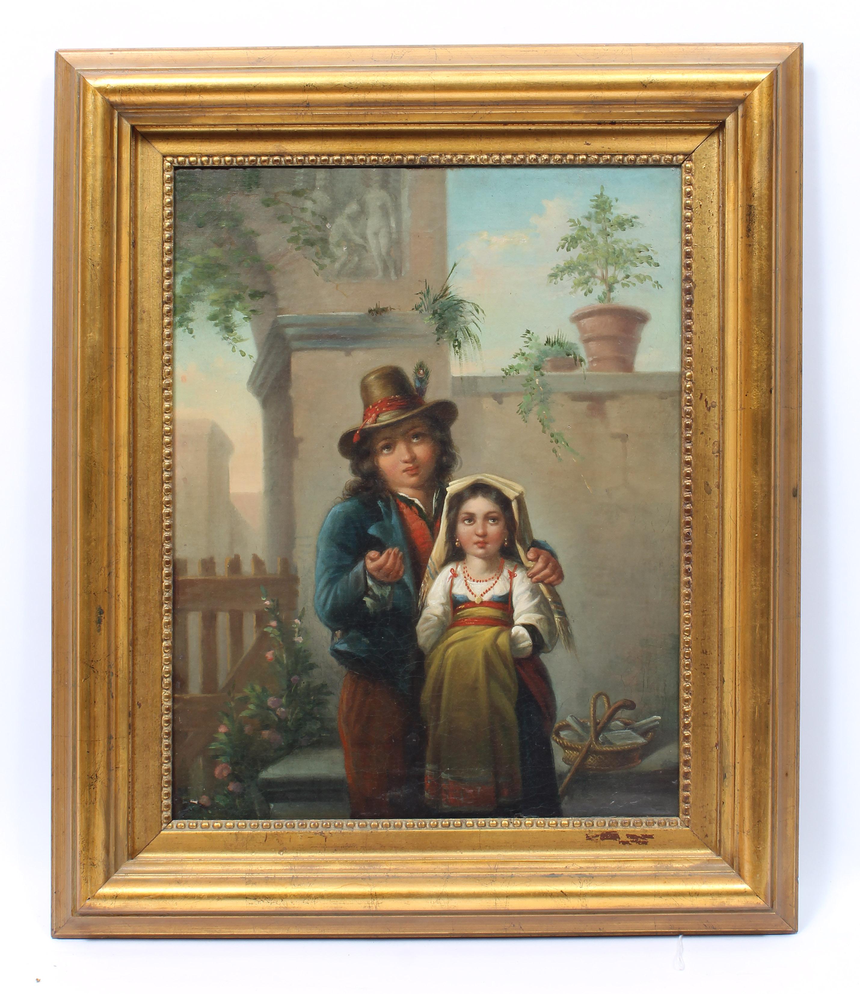 Antique Italian Realist Oil Painting Portrait of Two Children in a Landscape