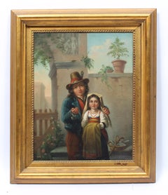 Ancienne peinture à l'huile italienne réaliste, portrait à l'huile de deux enfants dans un paysage