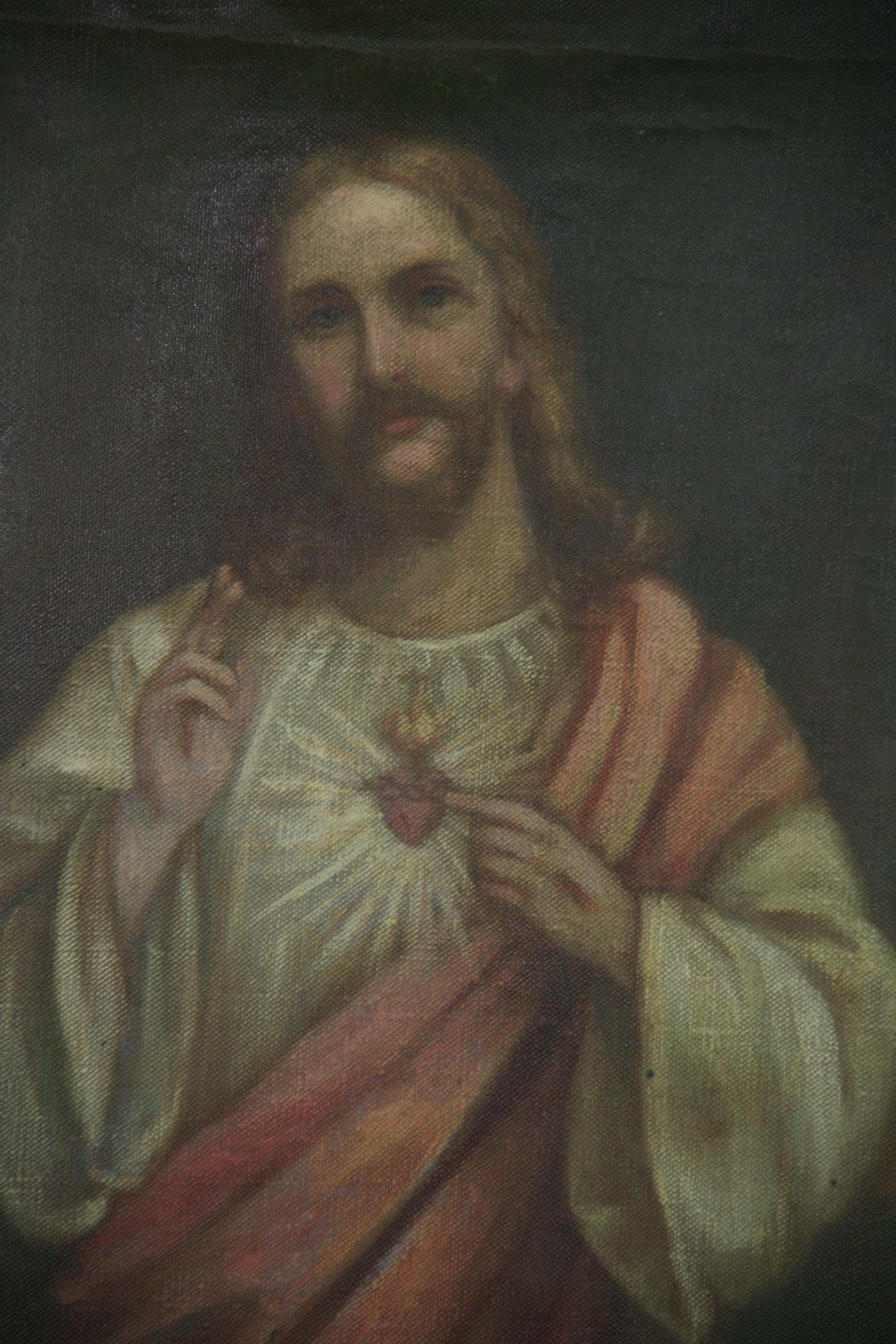 Antique Italian Religious Oil Painting of the Sacred Heart Circa 1840's - Black Portrait Painting by Unknown