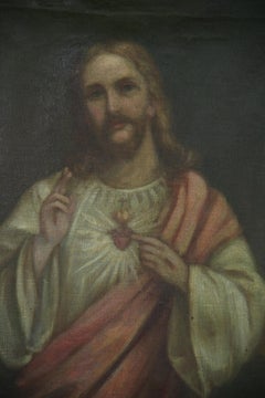 Antique Italian Religious Oil Painting of the Sacred Heart Circa 1840's