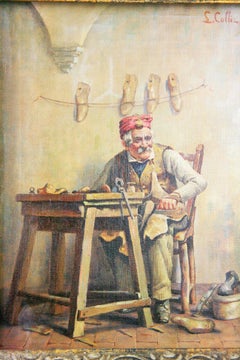 Antike italienische Schuhmacher Figurative Ölgemälde von L. Colli 1920