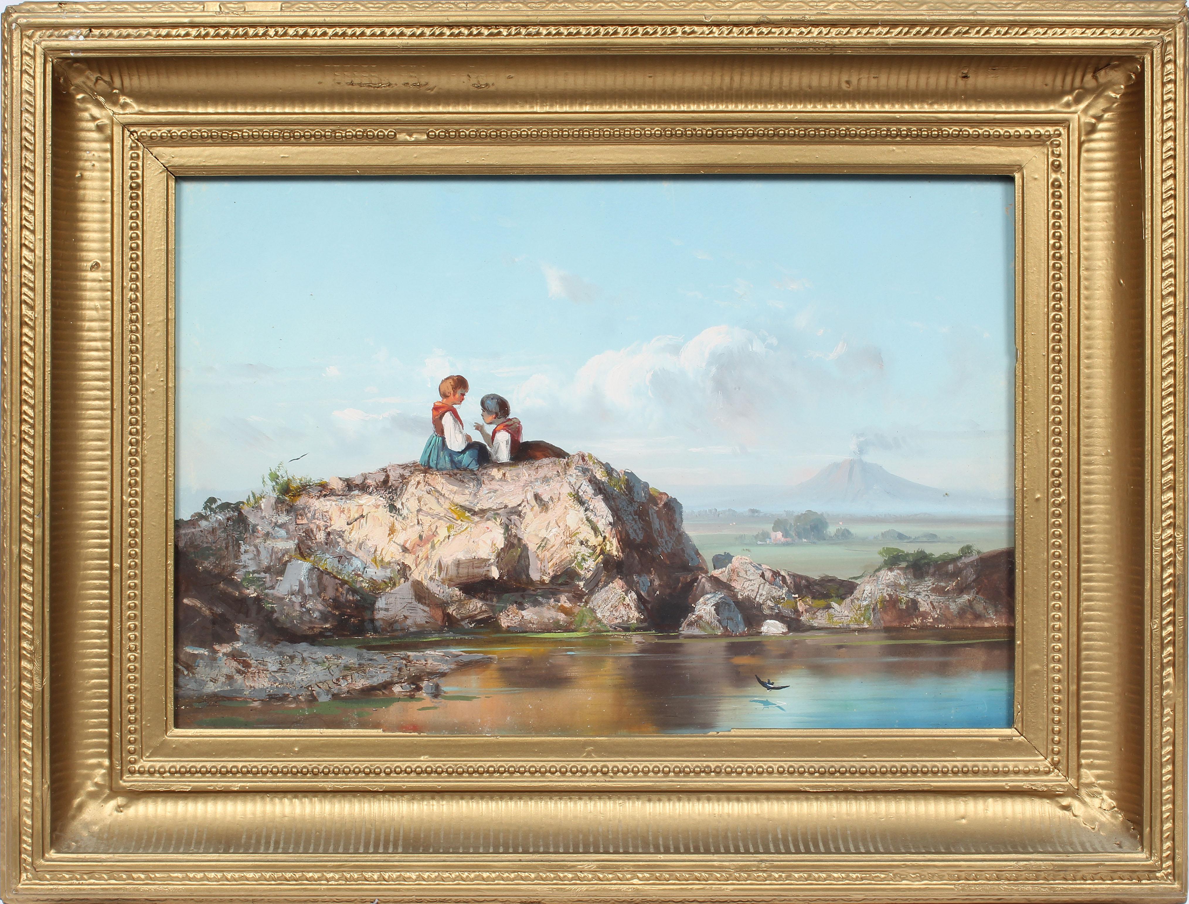 Unknown Landscape Painting - Antique Italian Sicilian Picnic Vesuvius Landscape Genre Original Oil Painting