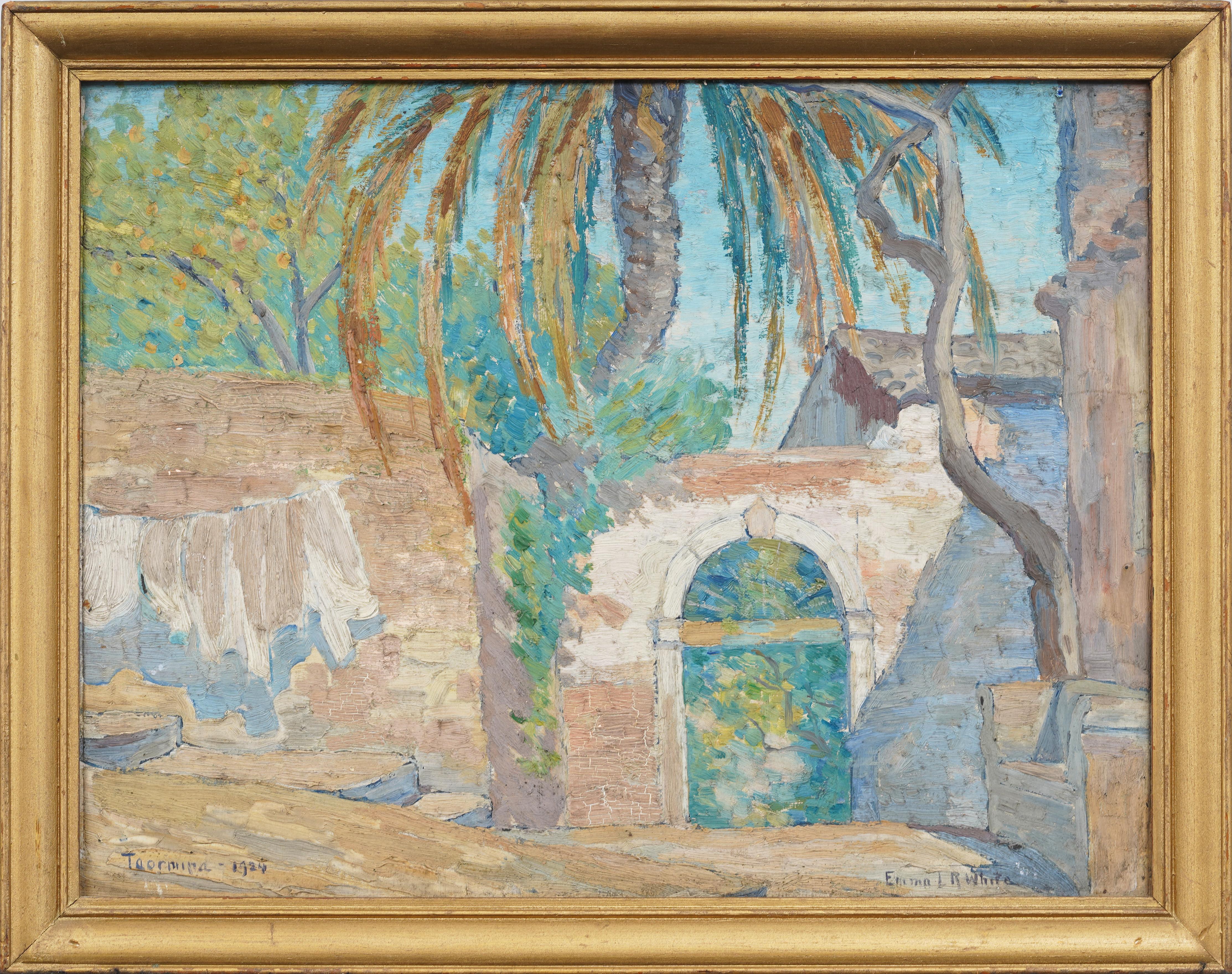 Antique Italian Signed 1924 Sicilian Palm Tree Landscape Framed Oil Painting - Landscape Painting Marrón de Unknown