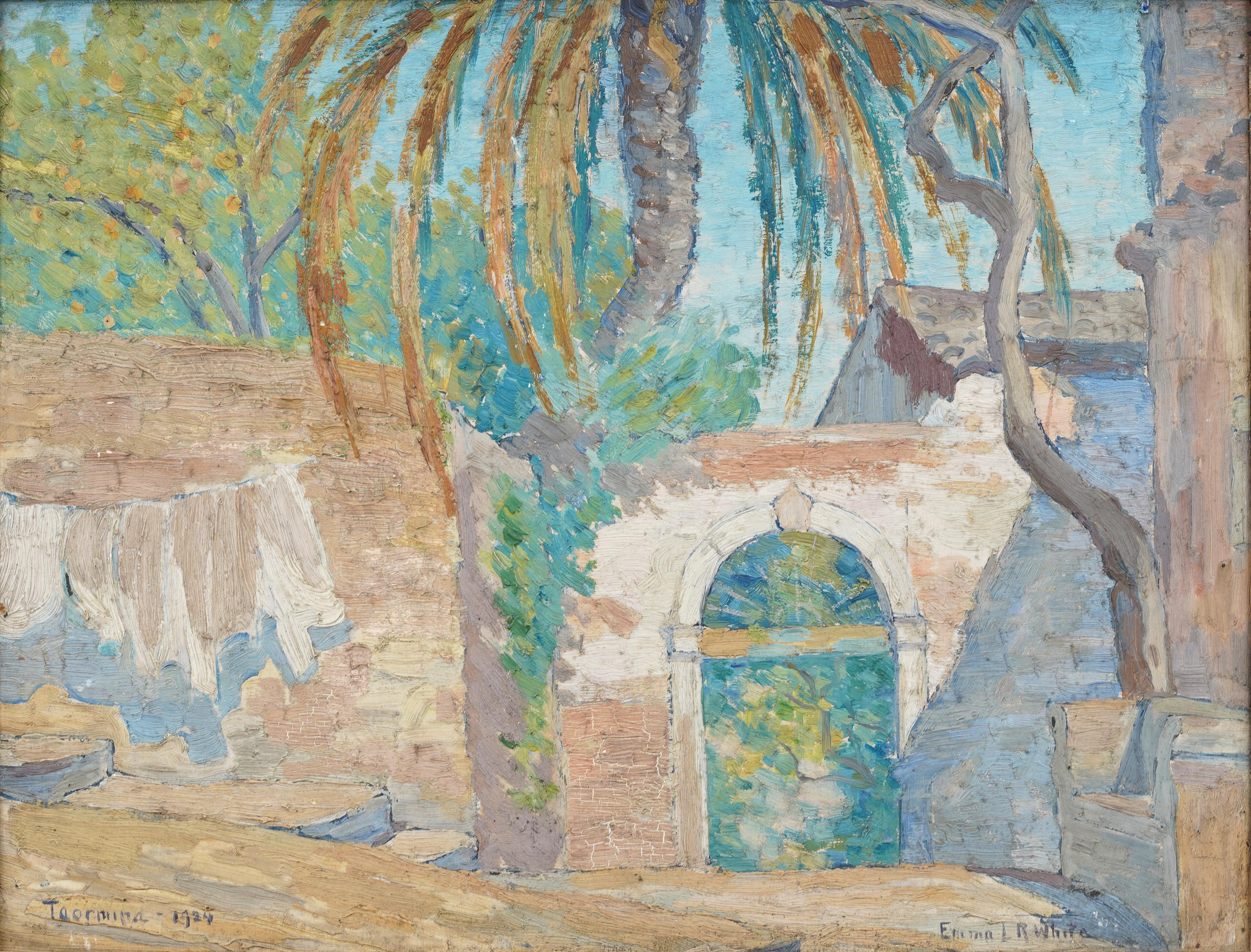 Antique Italian Signed 1924 Sicilian Palm Tree Landscape Framed Oil Painting en venta 1