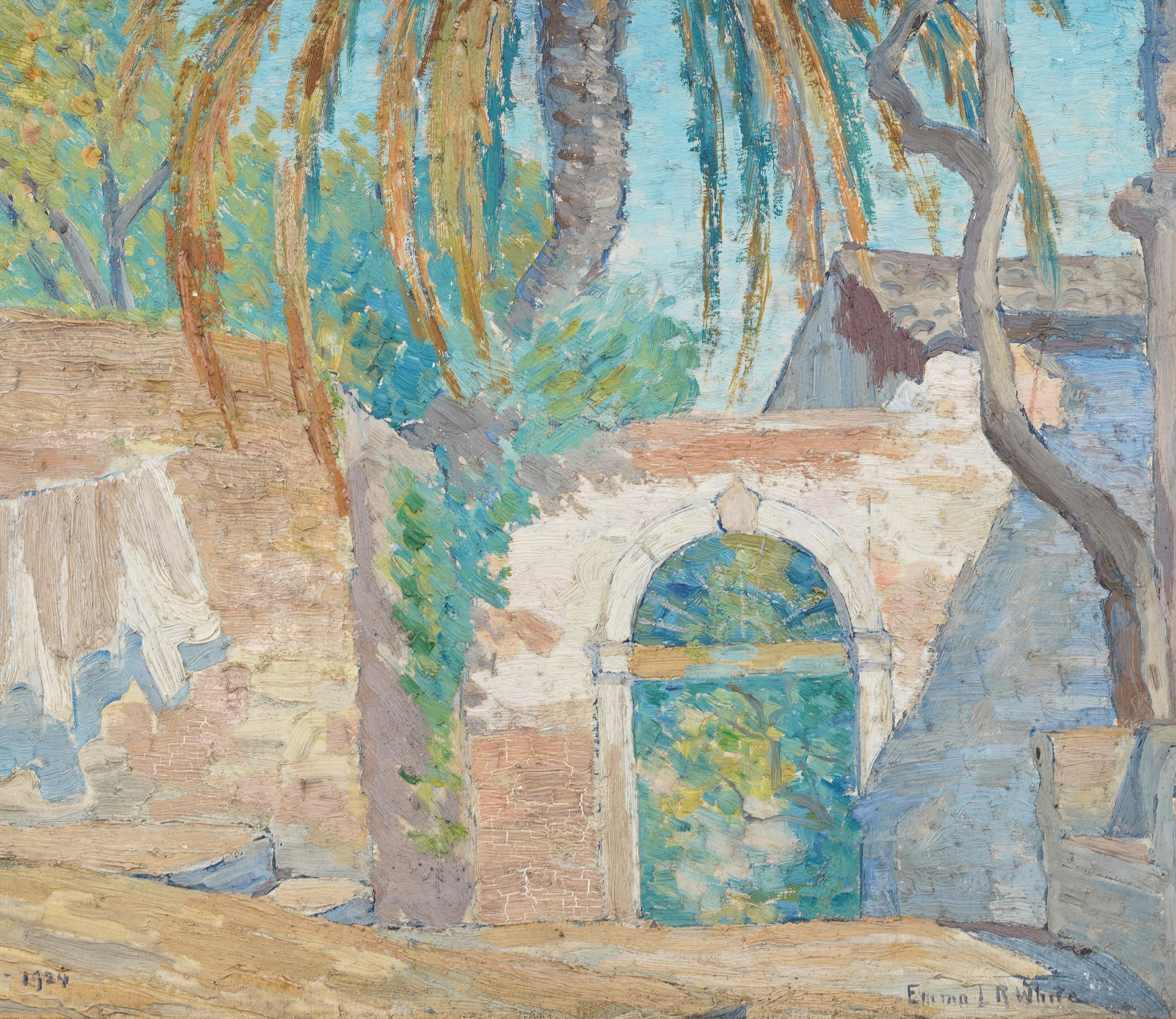 Antique Italian Signed 1924 Sicilian Palm Tree Landscape Framed Oil Painting en venta 3