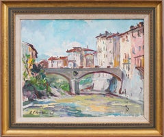 Antico dipinto a olio su paesaggio urbano originale firmato e incorniciato in Italia