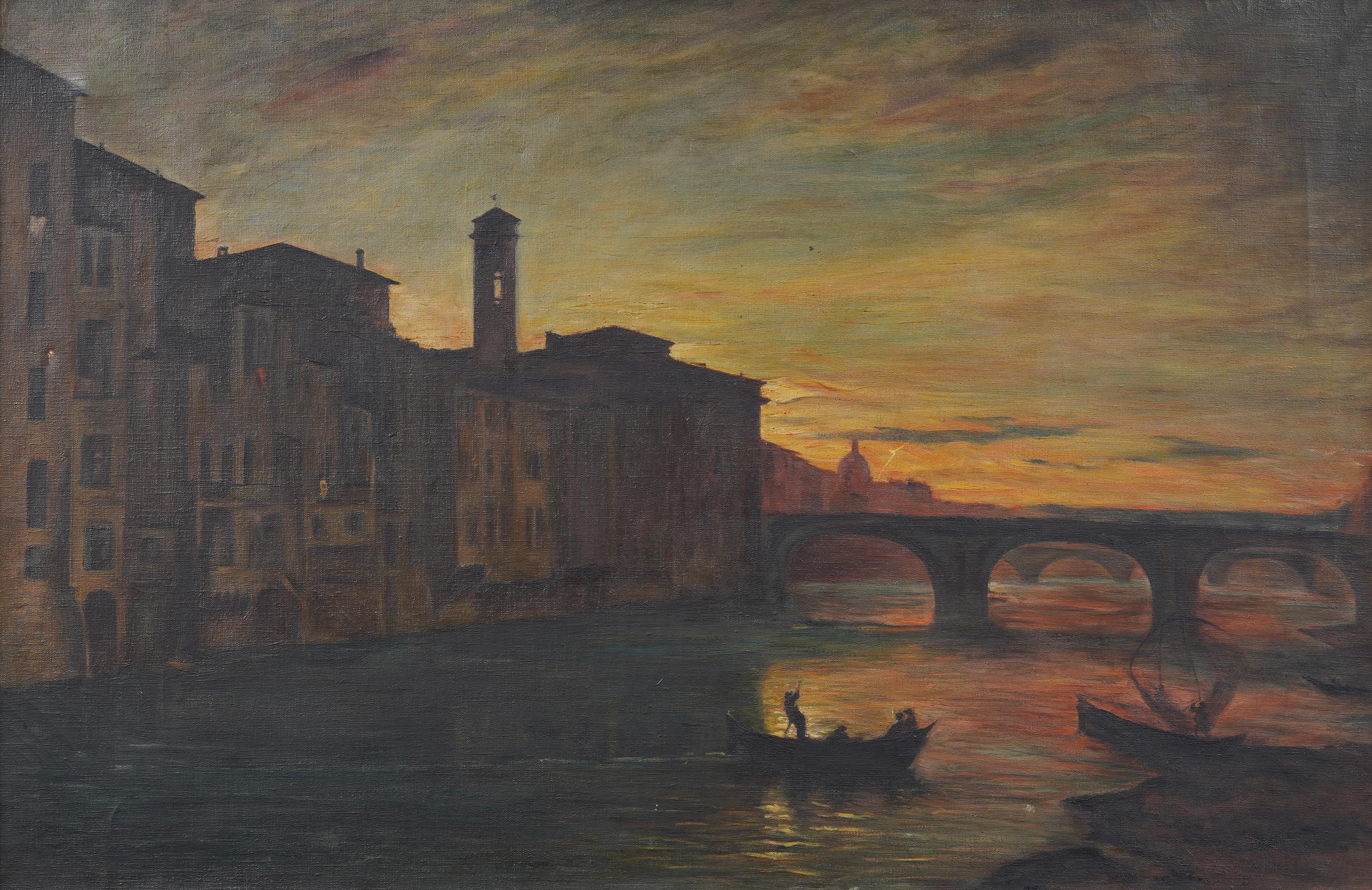 Antiguo paisaje urbano italiano de Florencia al atardecer Gran cuadro enmarcado Ponte Trinita - Painting Impresionista de Unknown