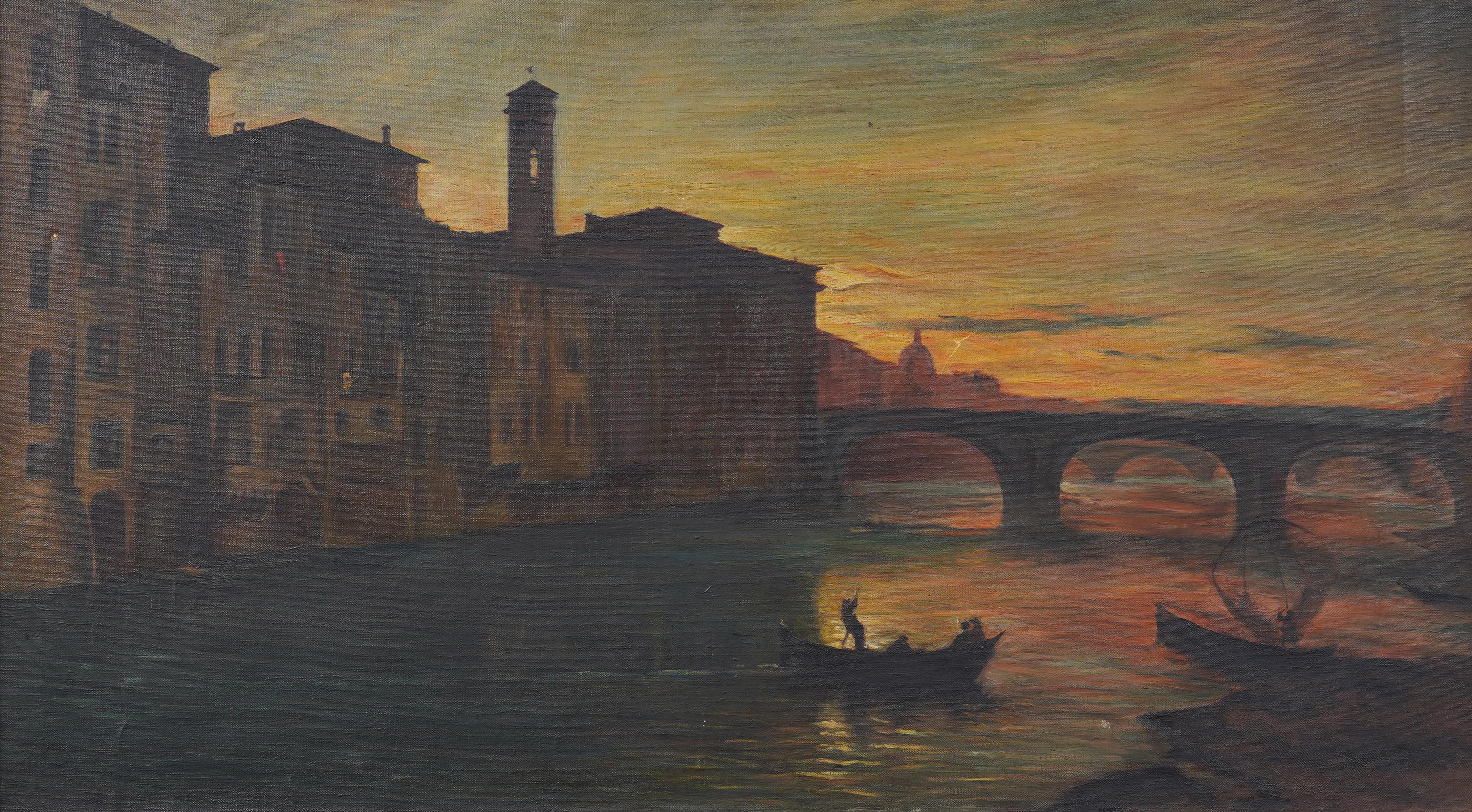 Amplia y muy impresionante vista de la puesta de sol en Florencia, Italia.  Grandes colores y perspectiva en esta pieza.  Firmado ilegiblemente en el reverso y localizado como 
