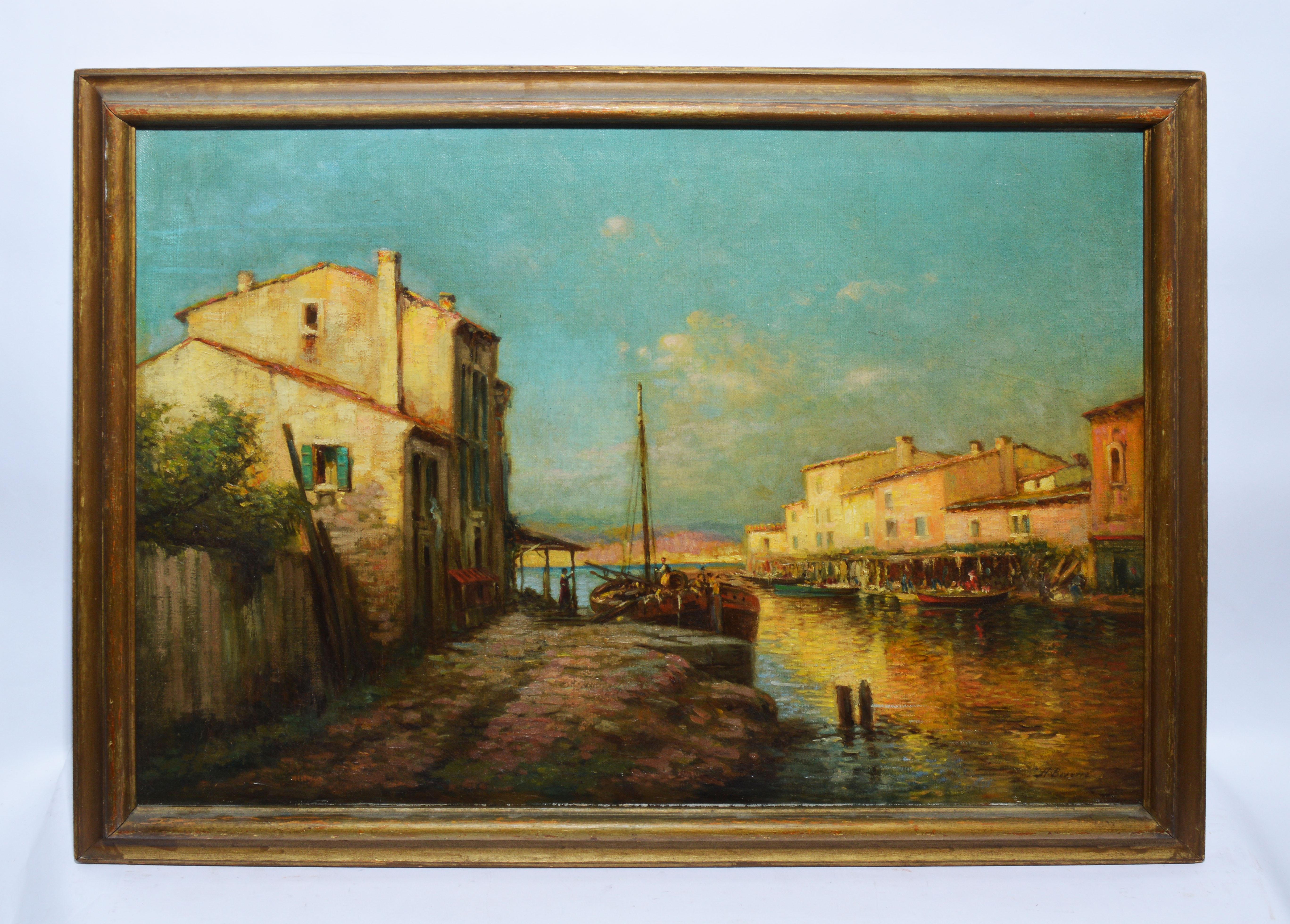 Antique Italian Sunset View of Venice, Large 19th Century Signed Oil Painting - Brown Landscape Painting by Unknown