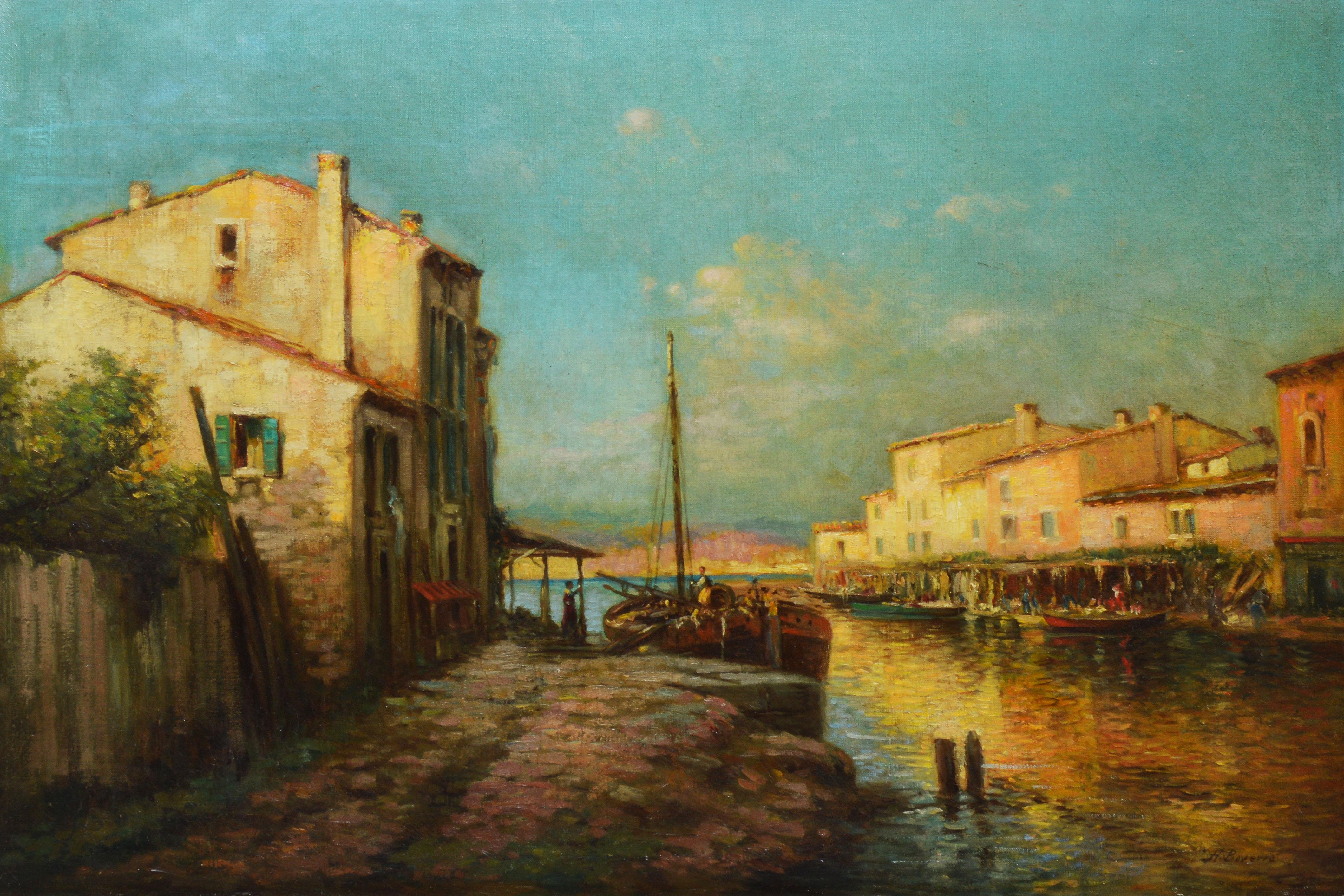 Antique Italian impressionist sunset view of Venice, Italy.  Oil on canvas, circa 1900.  Signed.  Displayed in a period giltwood frame.  Image, 32