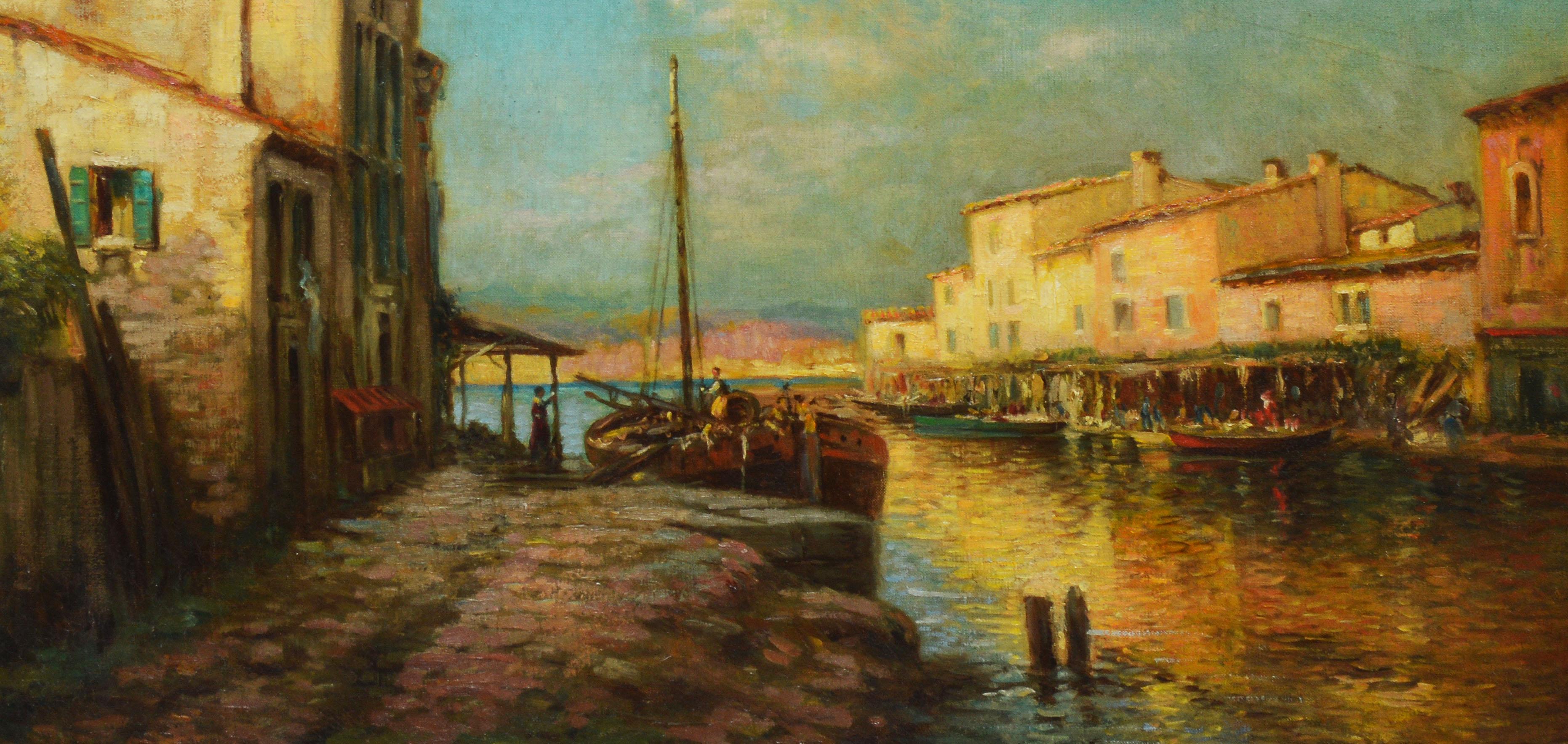Antique Italian Sunset View of Venice, Large 19th Century Signed Oil Painting 1