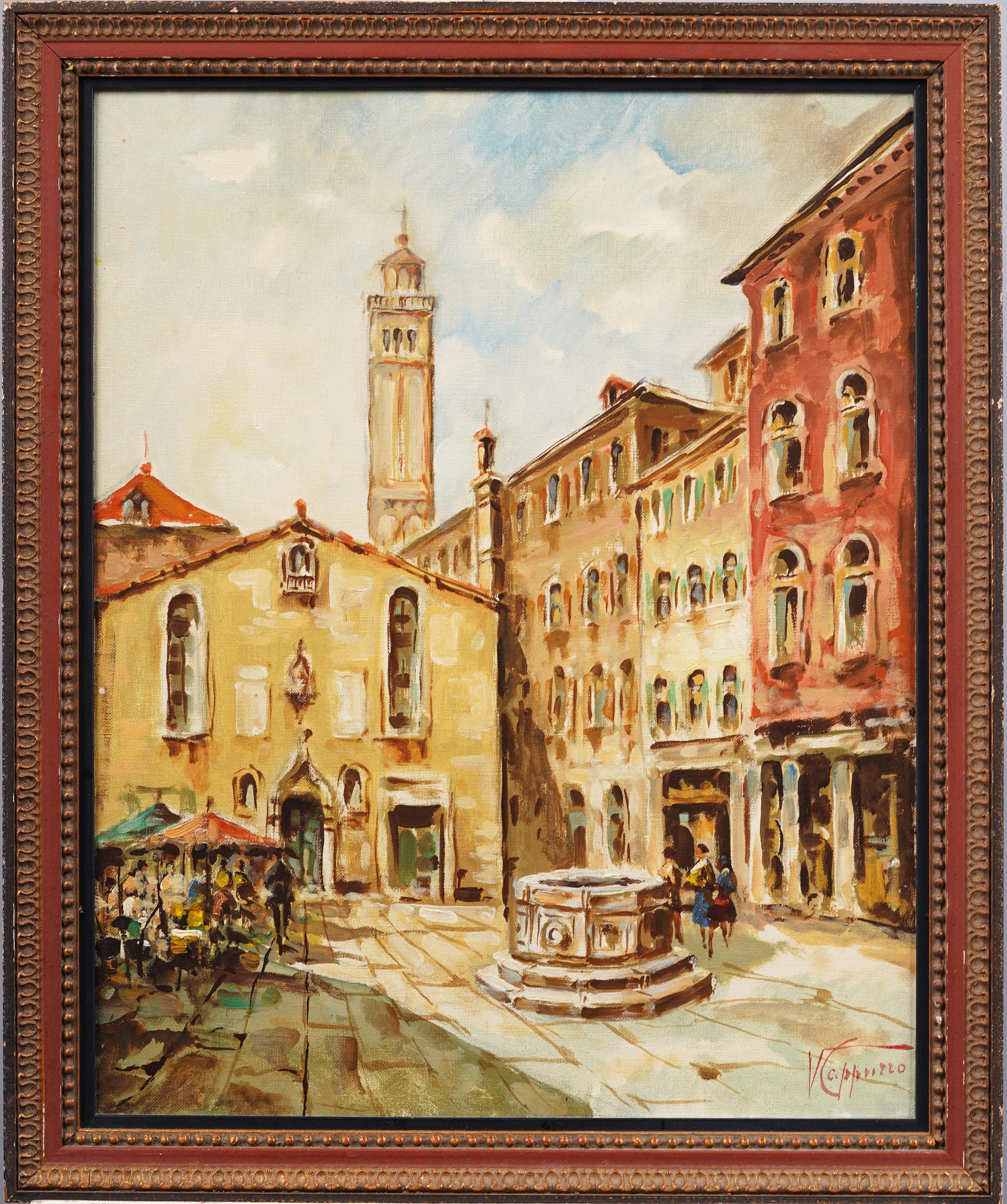 Antique Italian Town Square Signed Cityscape Framed Street Scene Oil Painting - Beige Landscape Painting by Unknown