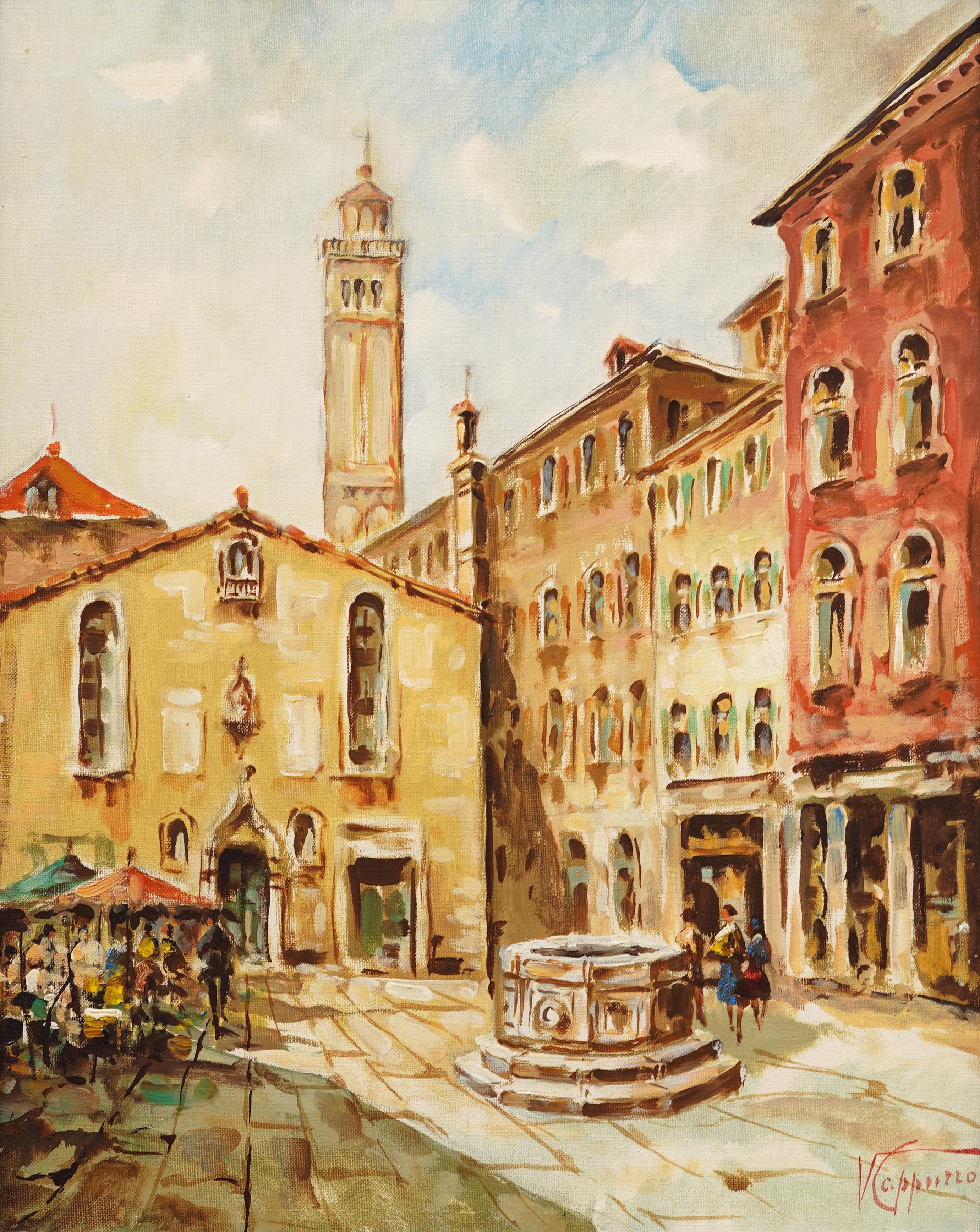 Nicely painted Italian impressionist street scene.  Oil on canvas.  Framed.  Signed.  