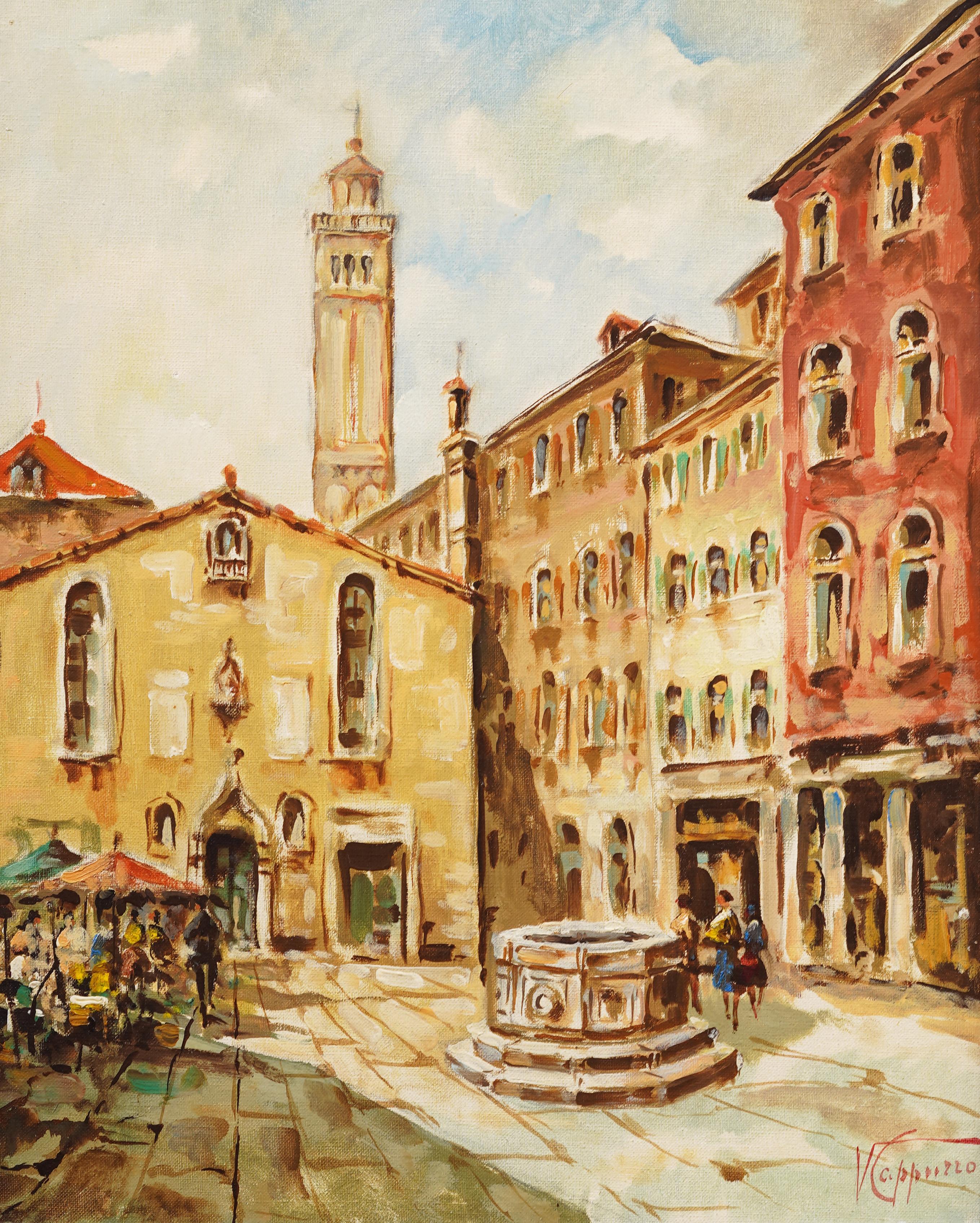 Antique Italian Town Square Signed Cityscape Framed Street Scene Oil Painting 1