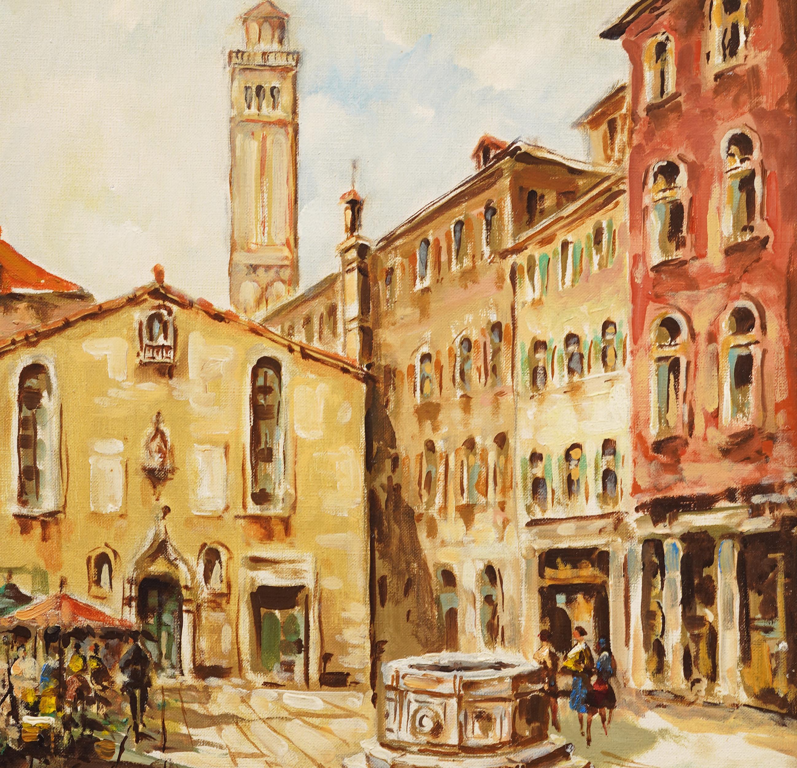 Antique Italian Town Square Signed Cityscape Framed Street Scene Oil Painting 2