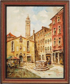 Antique Italian Town Square Signed Cityscape Framed Street Scene Oil Painting
