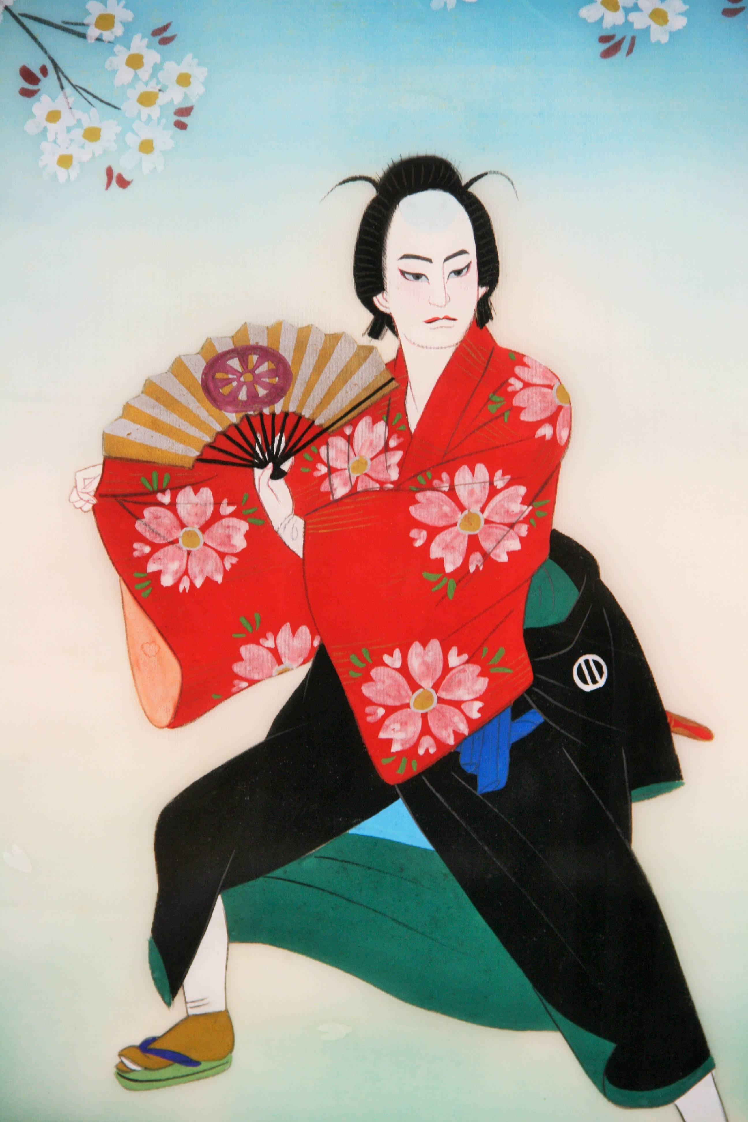 Japonés antiguo  Bailarina  Figurativo  Pintura sobre seda años 20 - Painting de Unknown