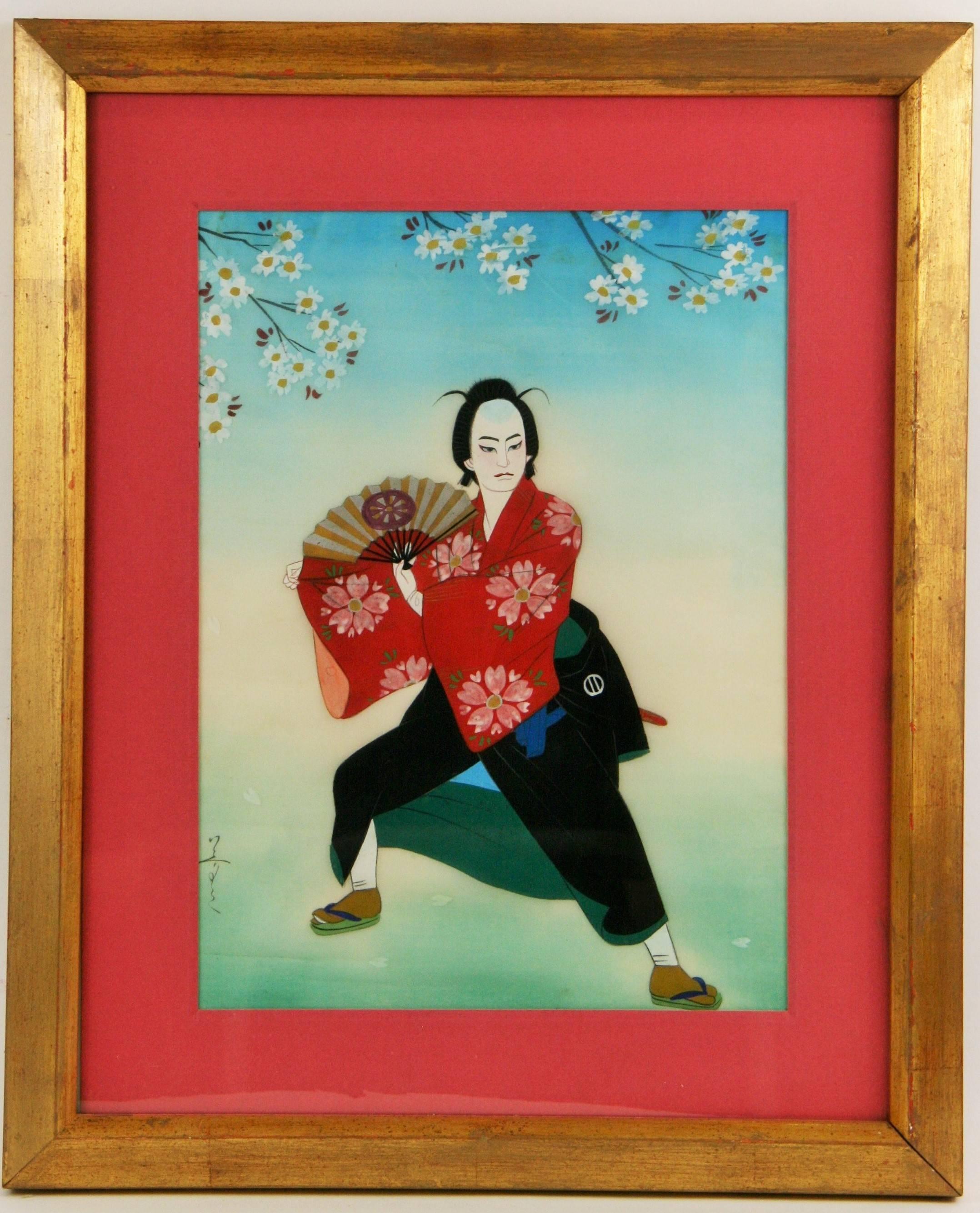 Unknown Figurative Painting - Antique Japanese  Dancer  Figurative  Painting On Silk 1920's